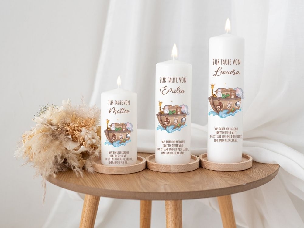 3 Taufkerzen in unterschiedlicher Größe, personalisiert mit Aquarellmotiv Arche