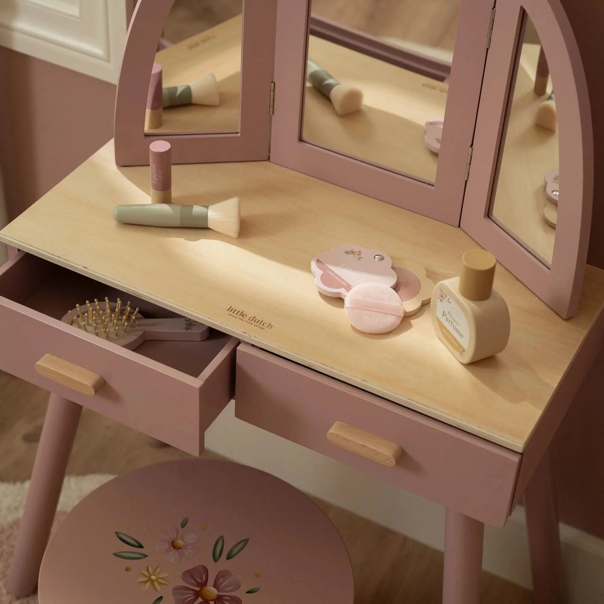 LITTLE DUTCH Holz Schminktisch groß mit Hocker - Rosa - Essentials