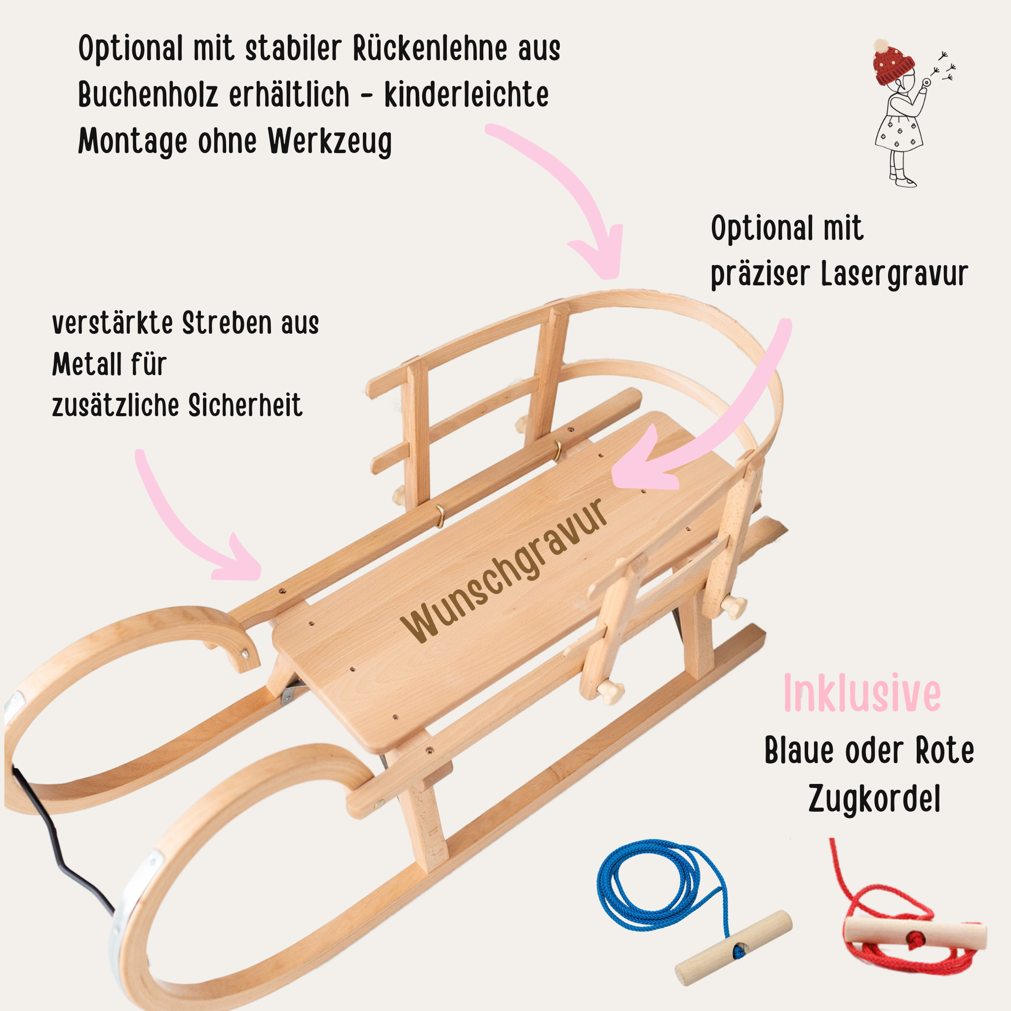 Hörnerschlitten Holz mit breiter Sitzfläche - personalisiert