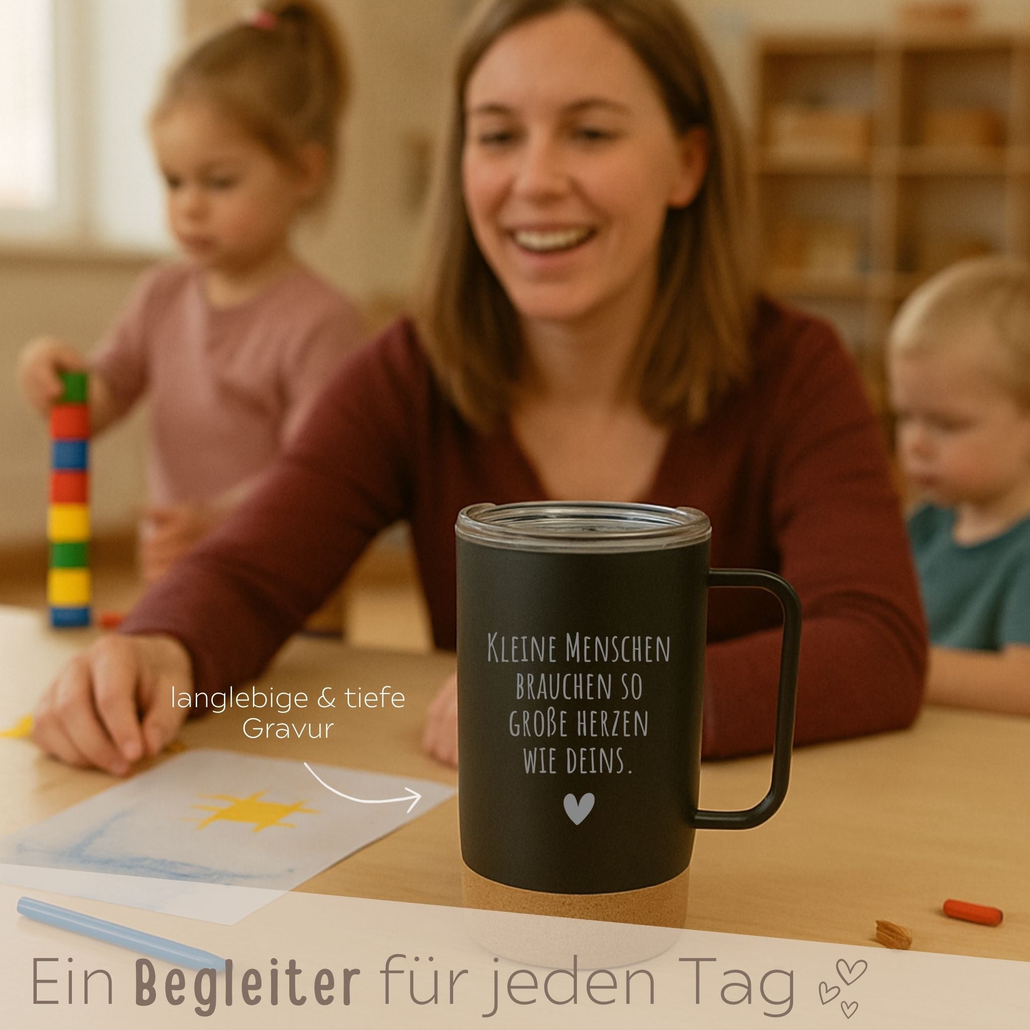 Thermobecher mit Kork - Kleine Menschen große Herzen