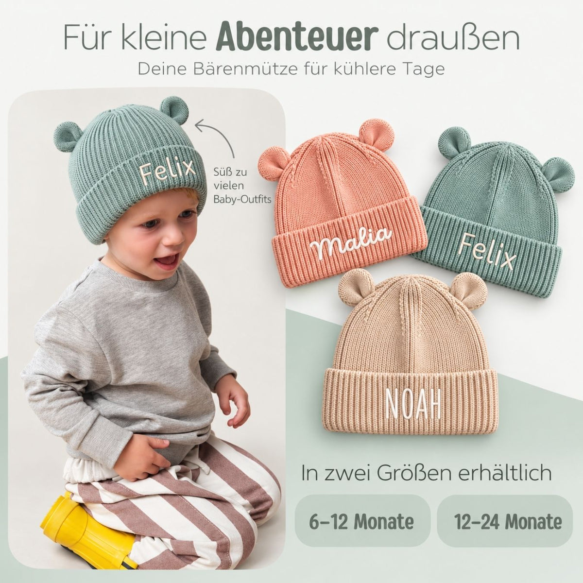 Baby Strickmütze mit Ohren personalisiert
