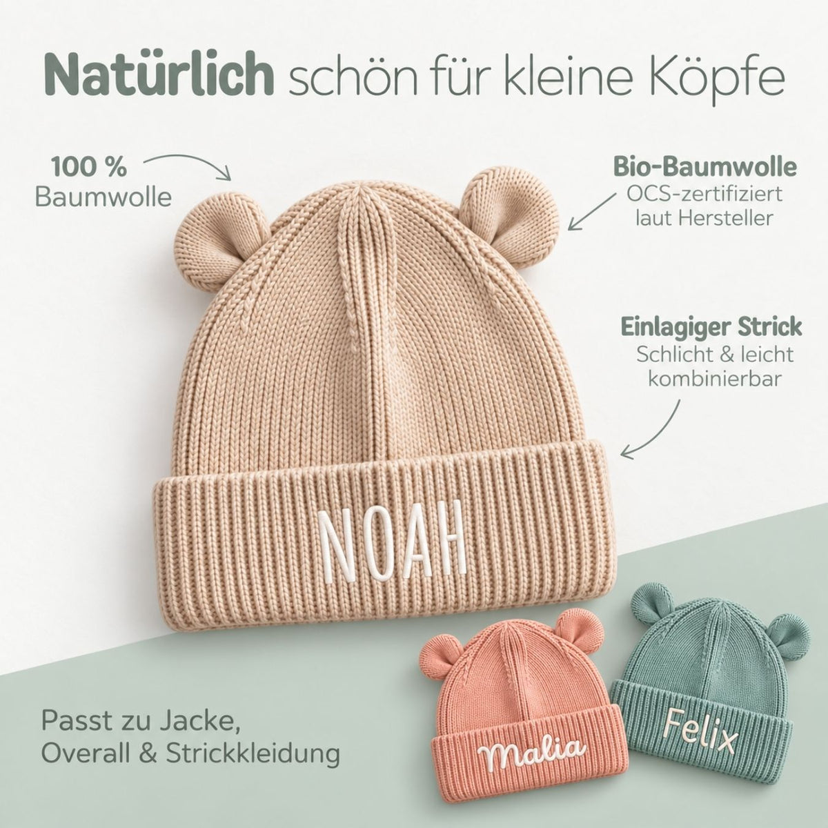 Baby Strickmütze mit Ohren personalisiert