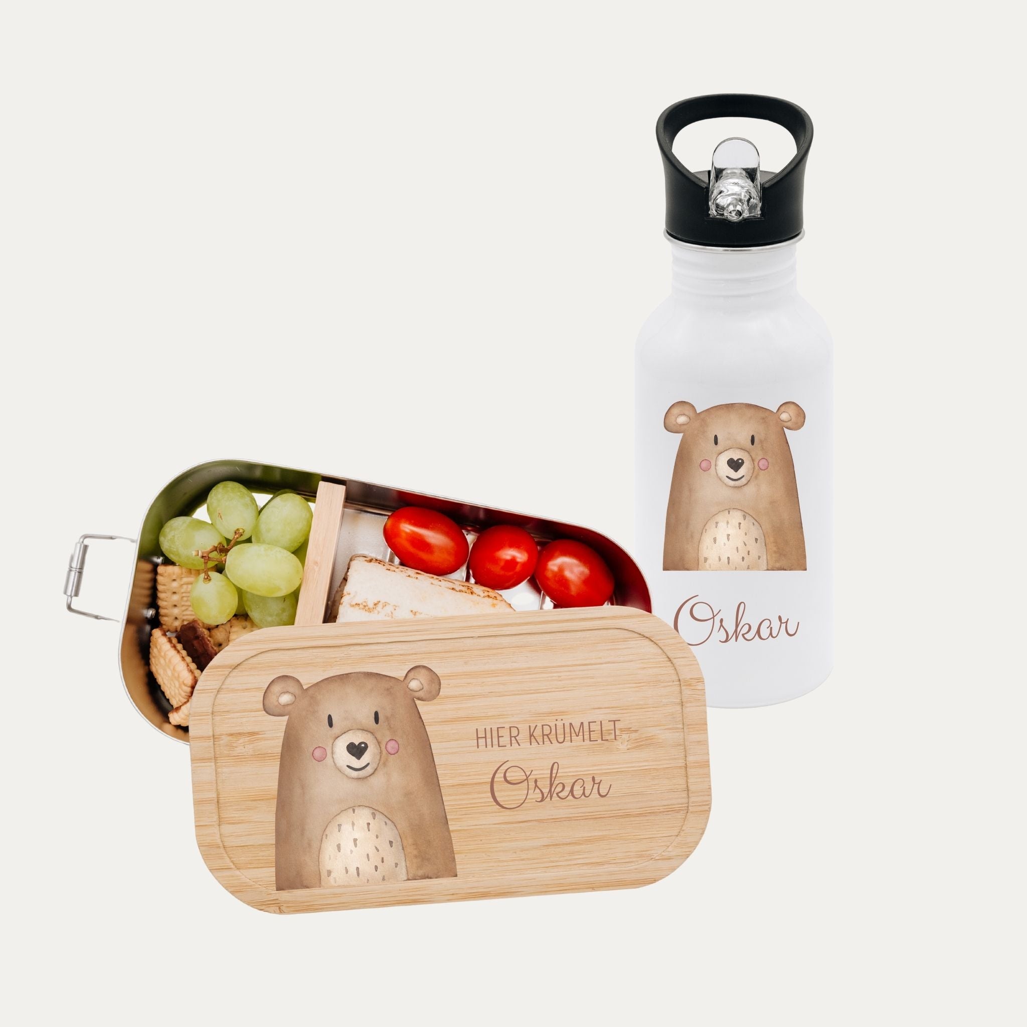 Kita-/ Schul-Start Bundle - Brotdose + Kinder Trinkflasche weiß personalisiert - Tier Aquarell