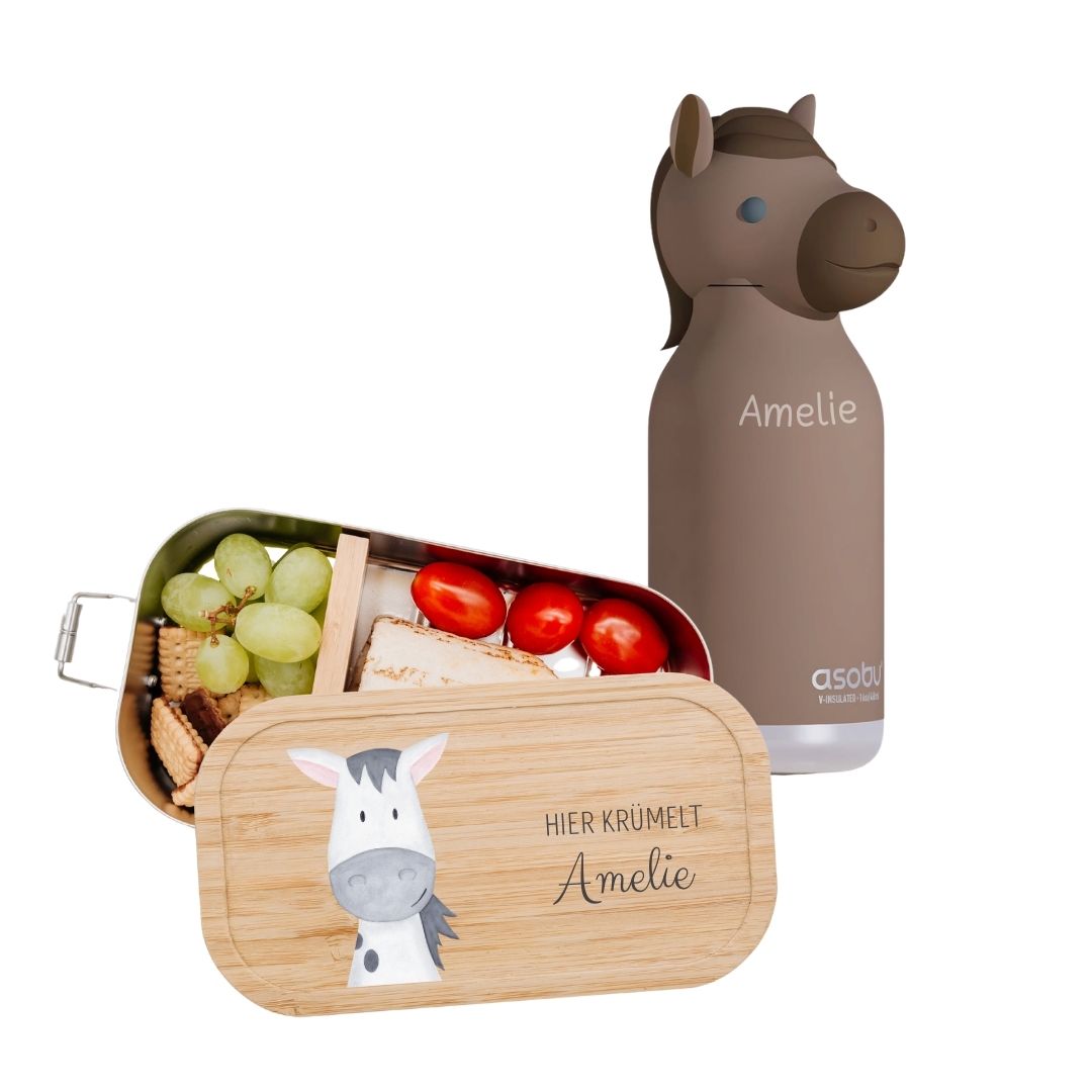 Pausen Bundle - Brotdose + ASOBU Bestie Tier Trinkflasche personalisiert