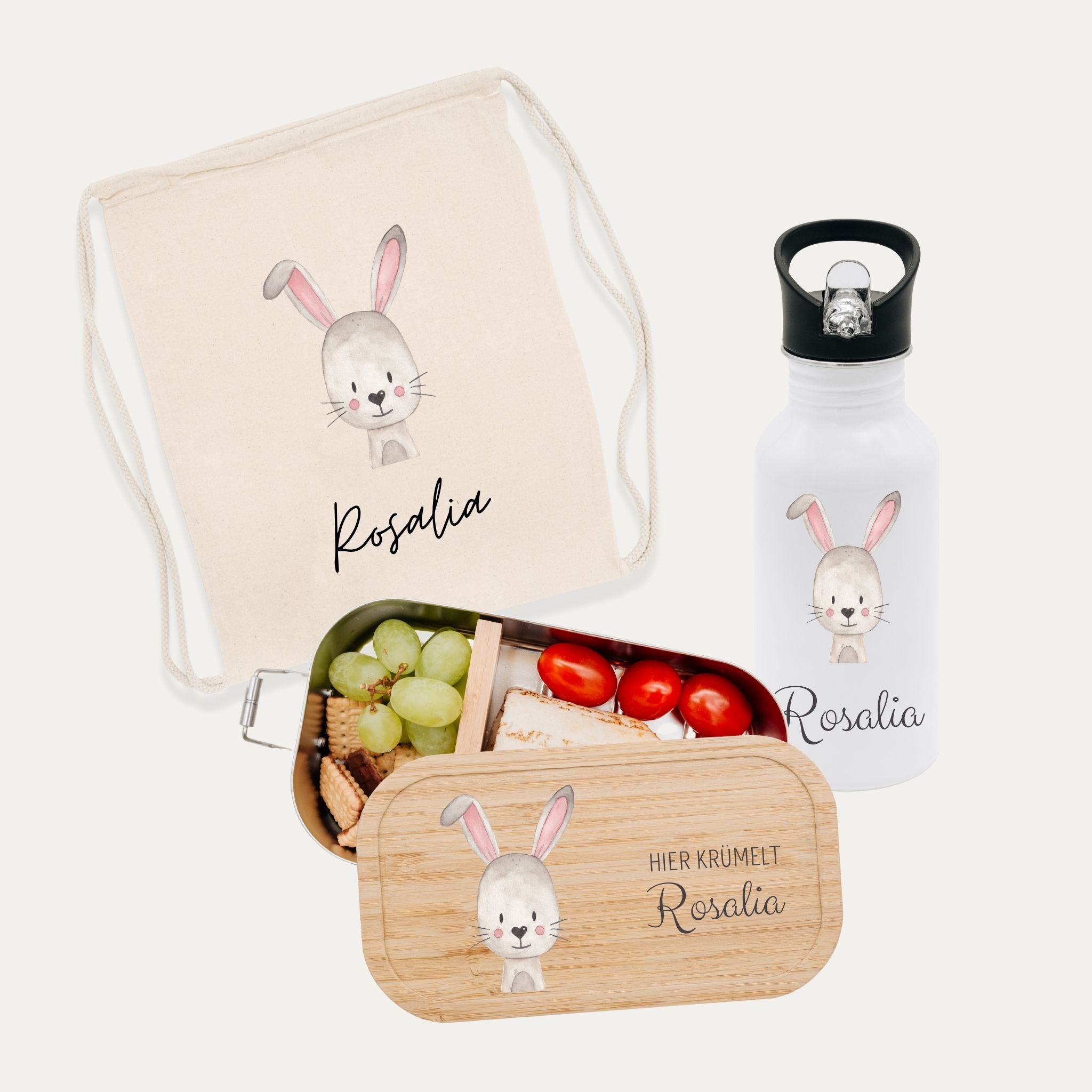 Schul-Start Bundle - Turnbeutel, Brotdose + Kinder Trinkflasche weiß personalisiert - Tier Aquarell
