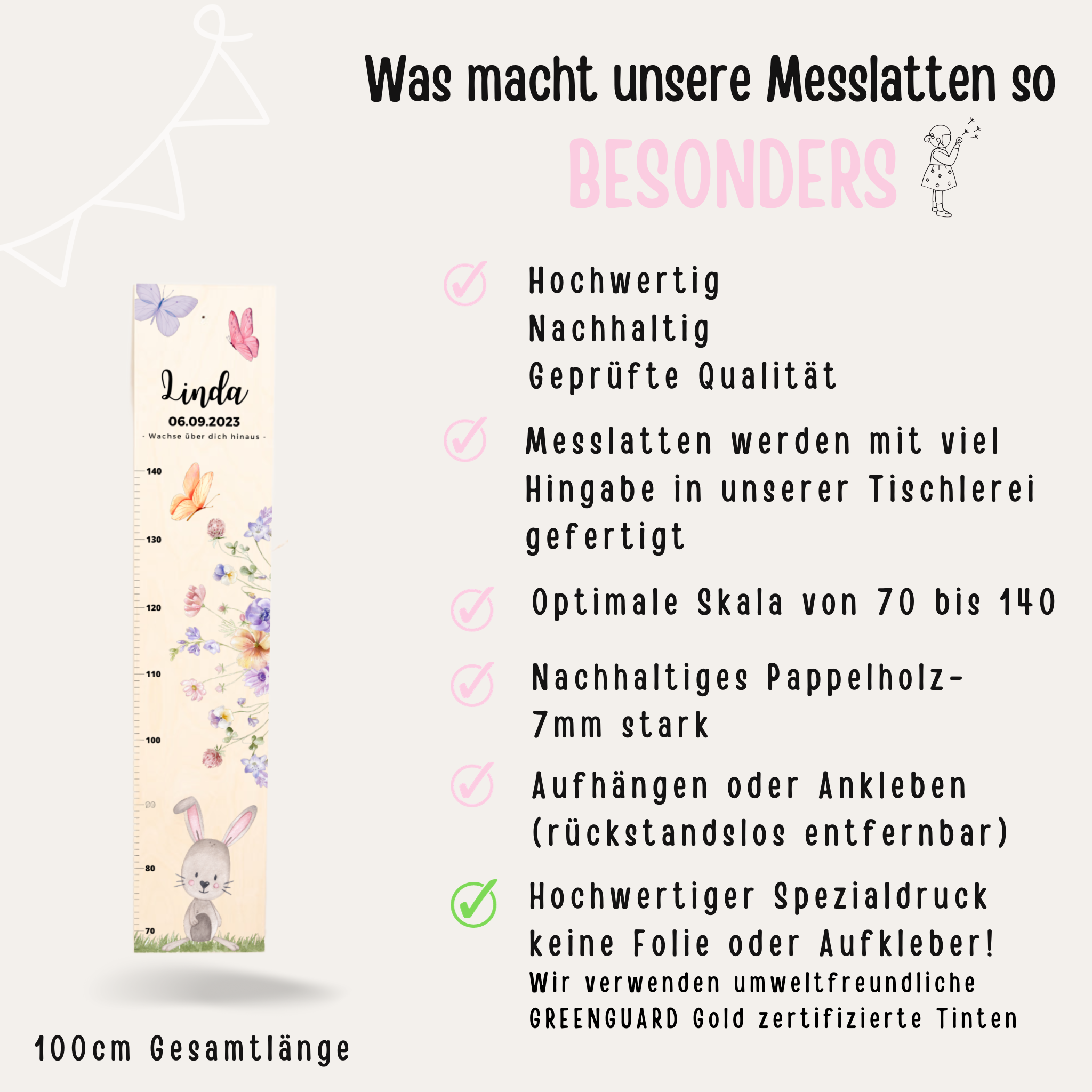 Kindermesslatte Holz personalisiert - Ganzkörper Tier Aquarell