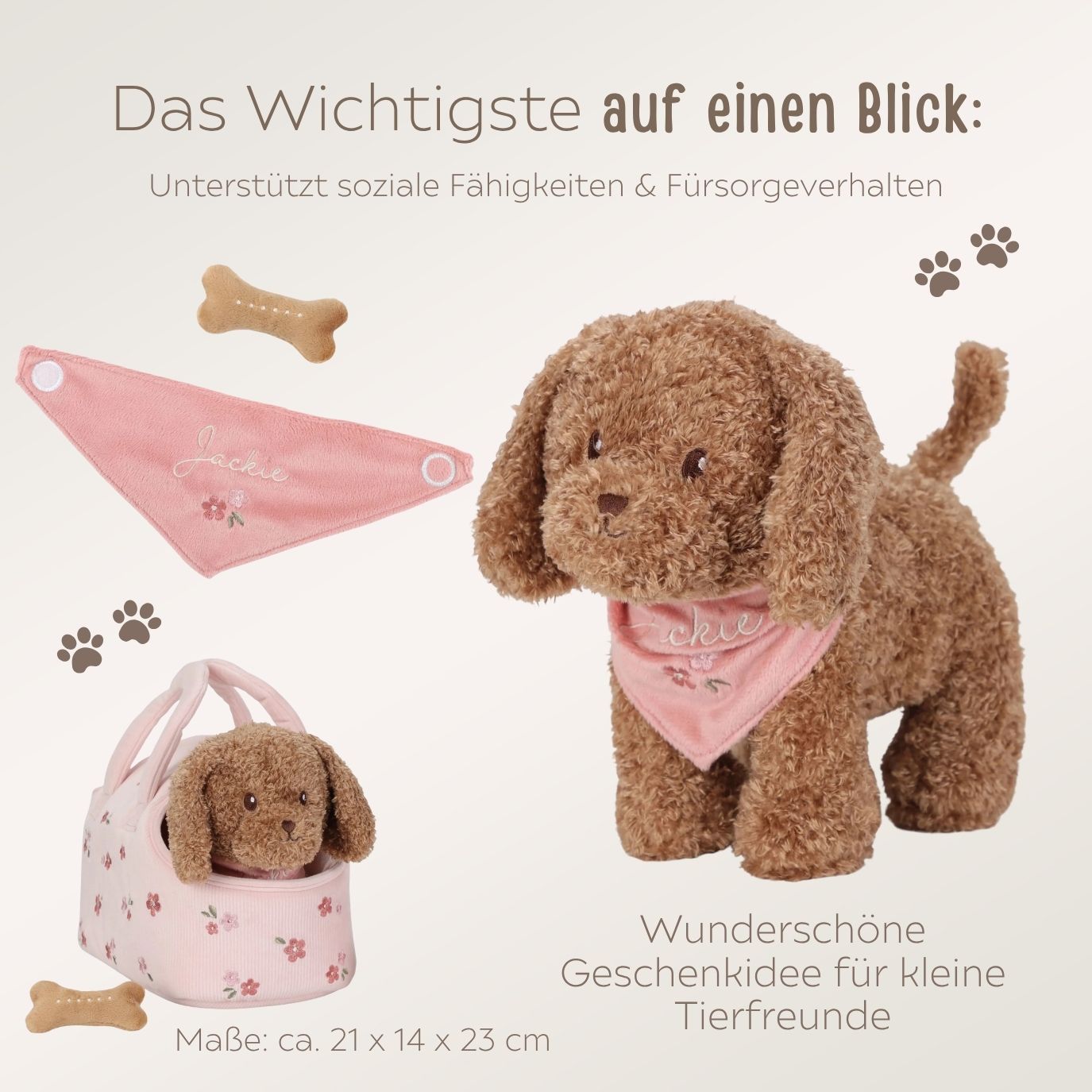 LITTLE DUTCH Kuschelhund in Tasche rosa