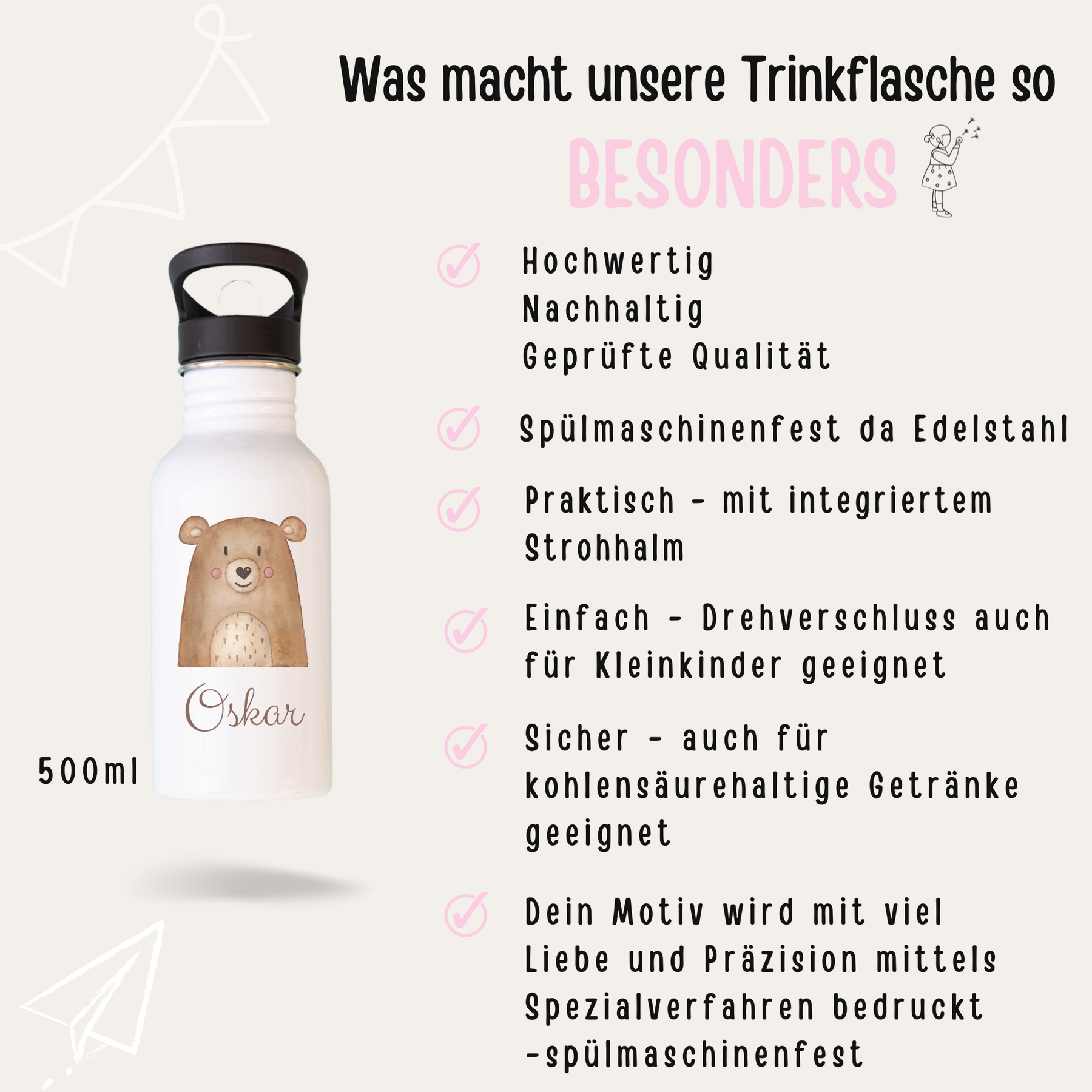 Kinder Trinkflasche weiß mit Trinkhalm personalisiert - Aquarell Tier