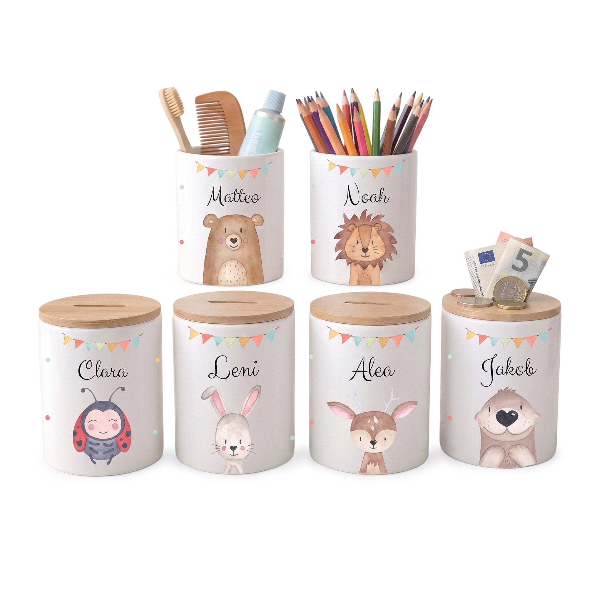 3 in 1 Spardose Keramik personalisiert - Tier Girlande Aquarell - wunderwunsch