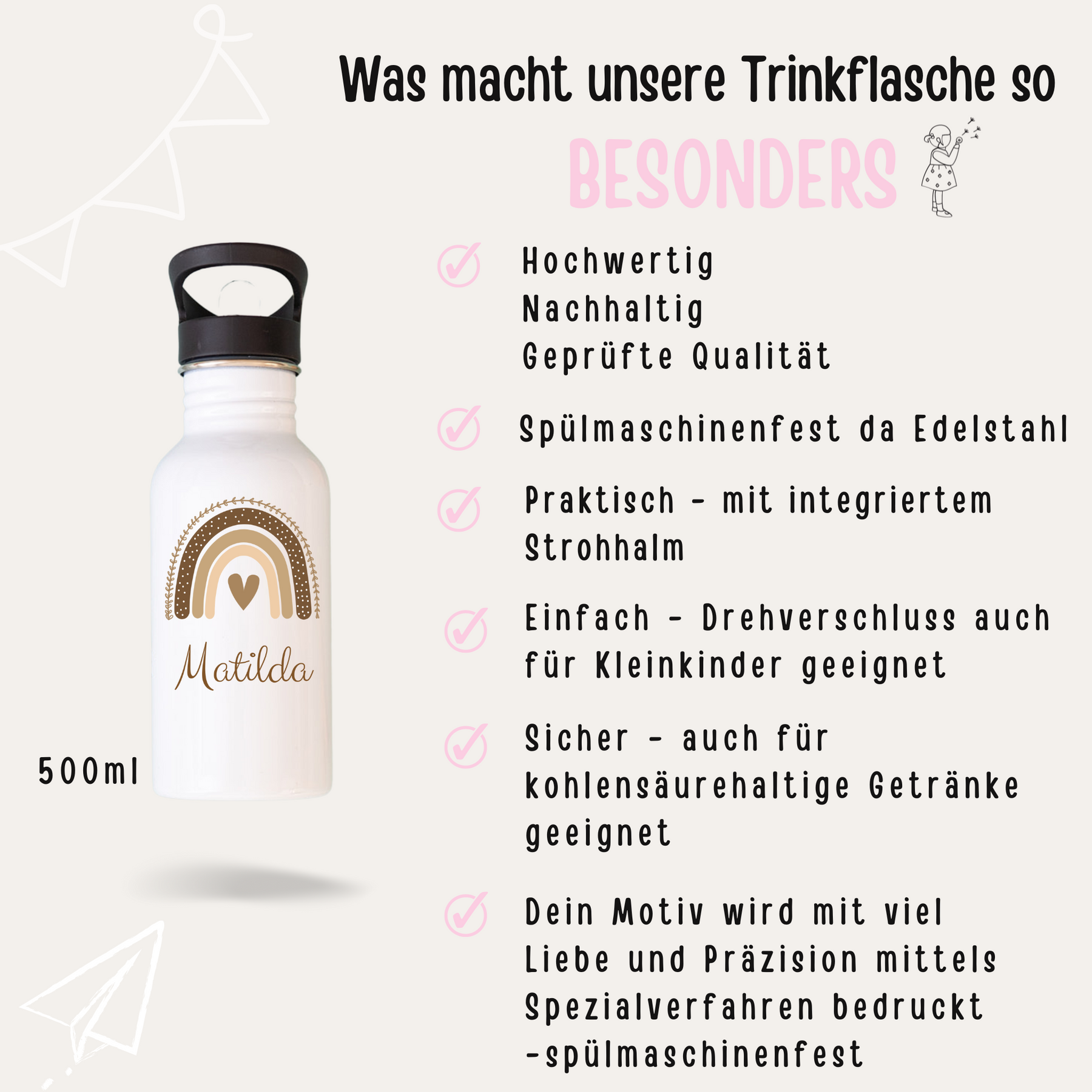 Kinder Trinkflasche weiß mit Trinkhalm personalisiert - Regenbogen beige Aquarell