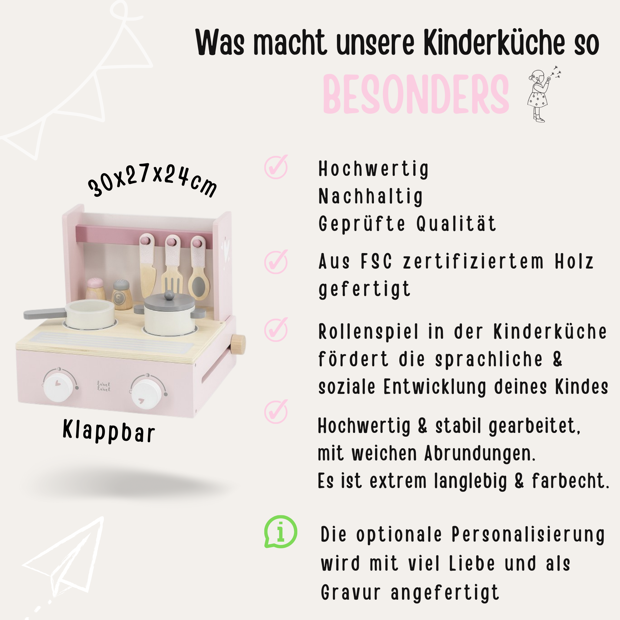 Kinderküche klappbar personalisiert - rosa und mint