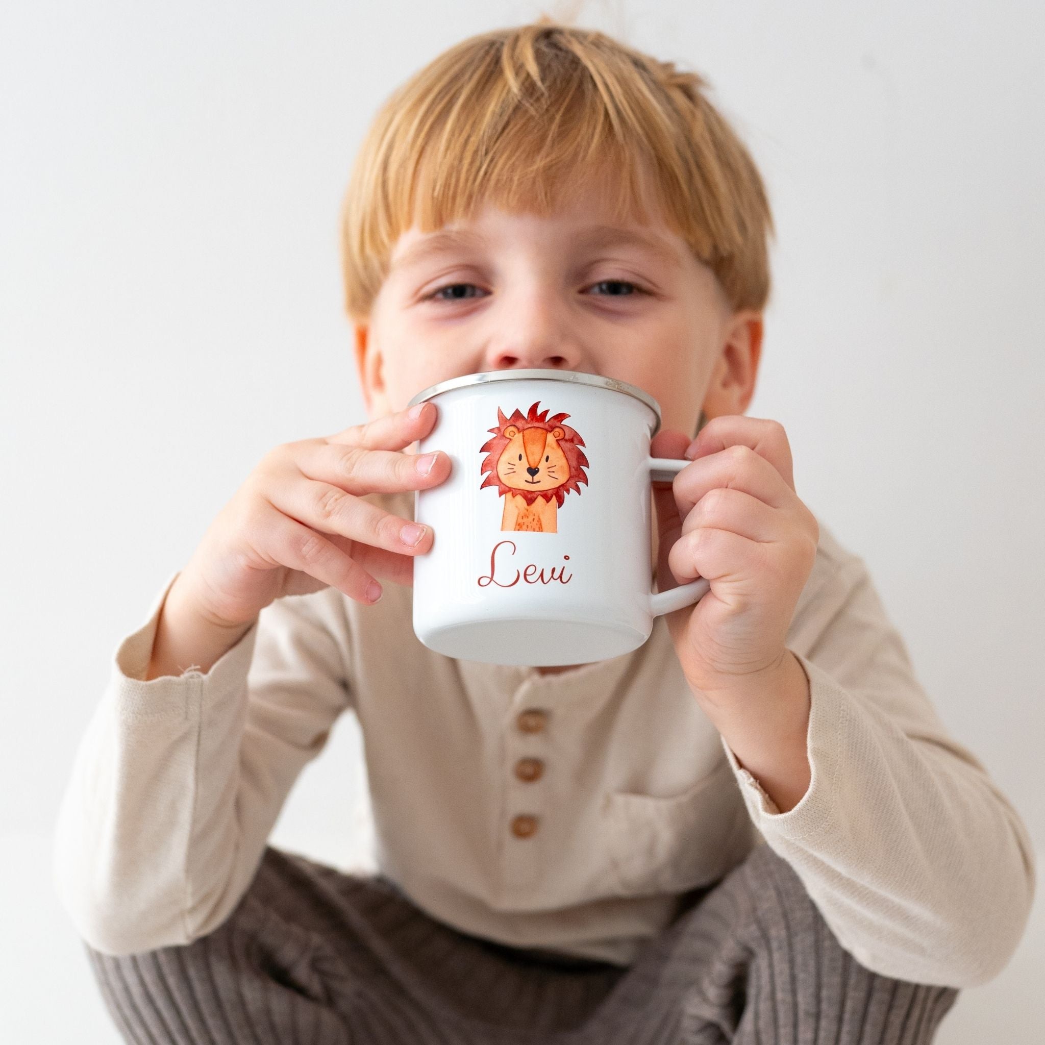 Frühstücks Bundle - Frühstücksbrettchen + Emaille Tasse personalisiert - Tier Aquarell