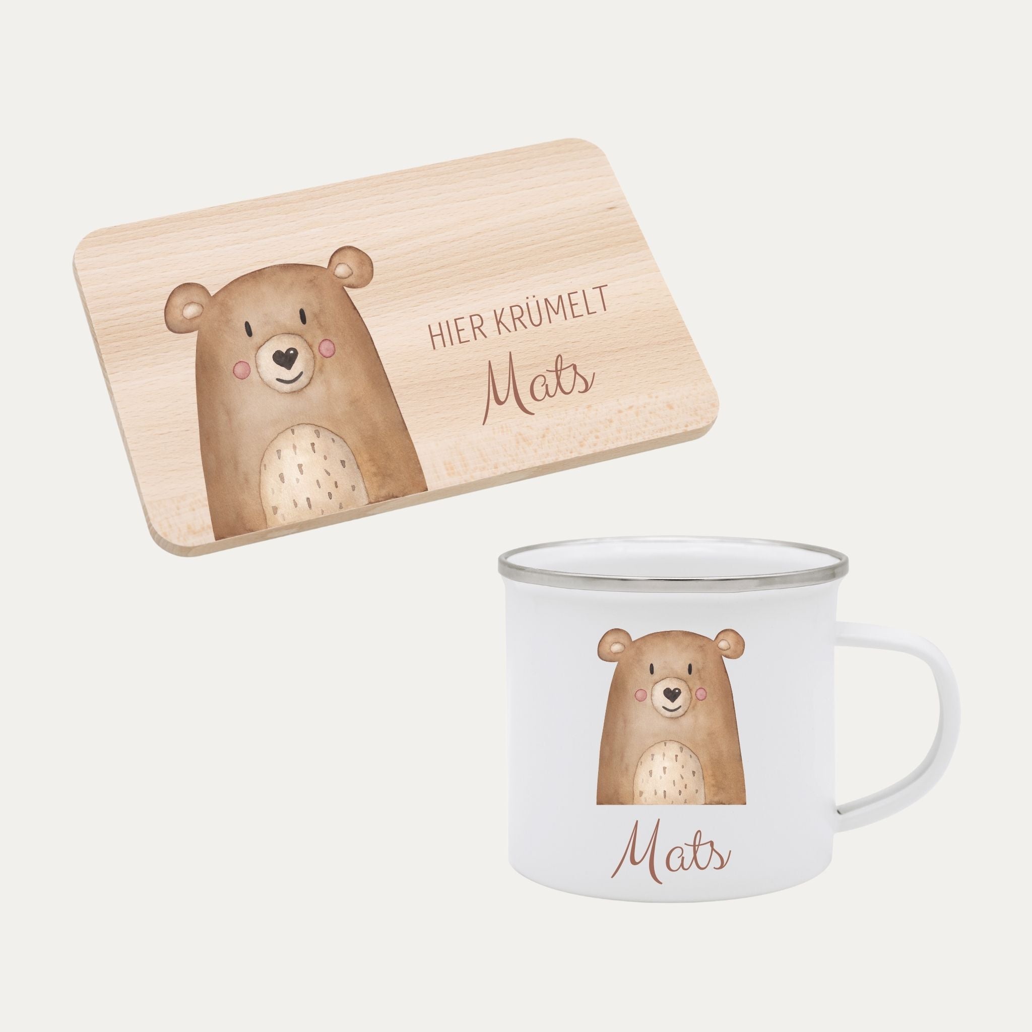 Frühstücks Bundle - Frühstücksbrettchen + Emaille Tasse personalisiert - Tier Aquarell