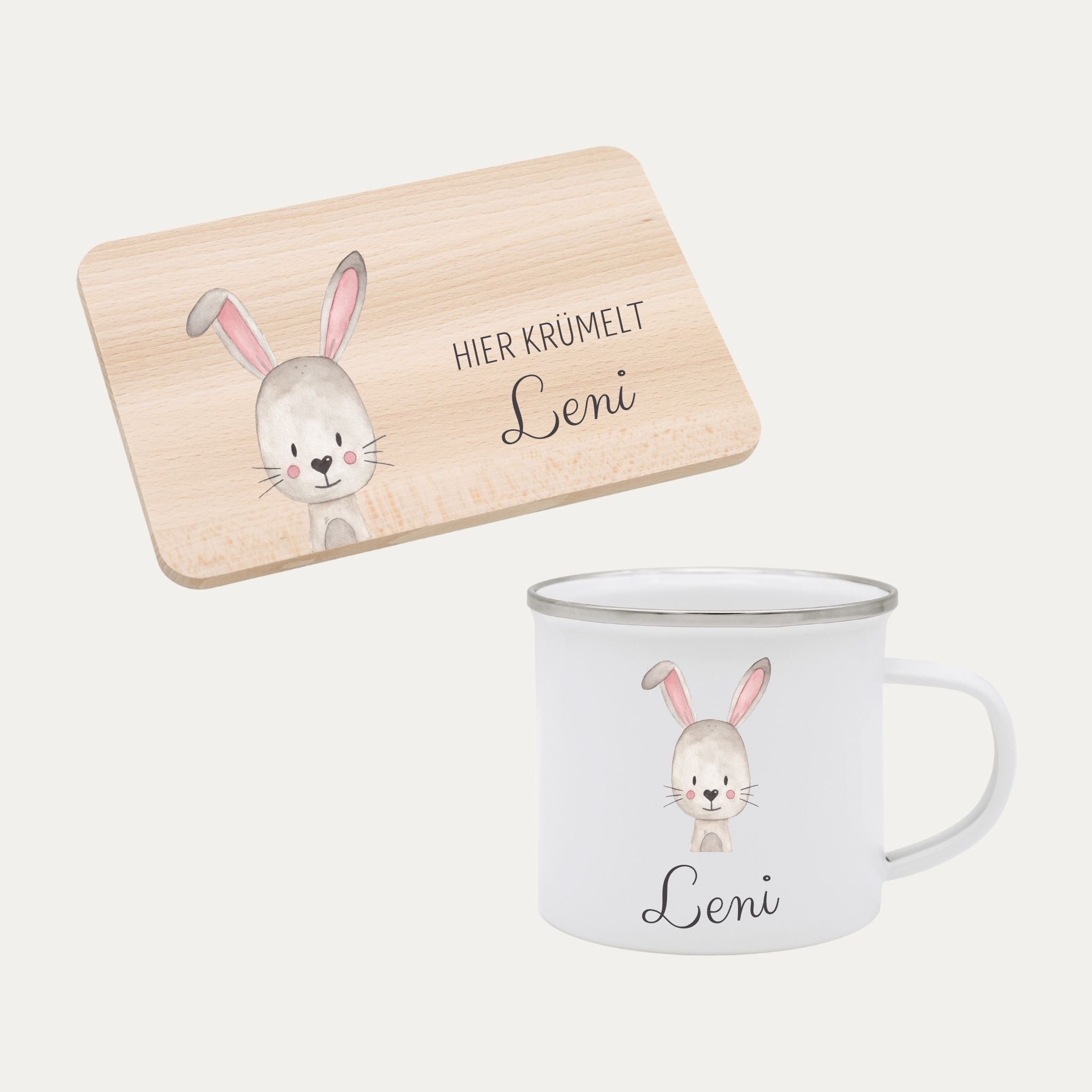 Frühstücks Bundle - Frühstücksbrettchen + Emaille Tasse personalisiert - Tier Aquarell