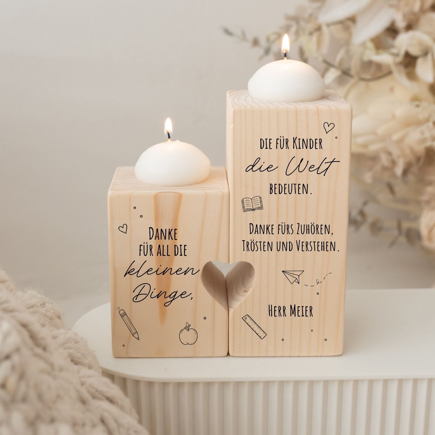 Kerzenhalter aus Holz mit Herz personalisiert - Dankeschön für Lehrer & Erzieher