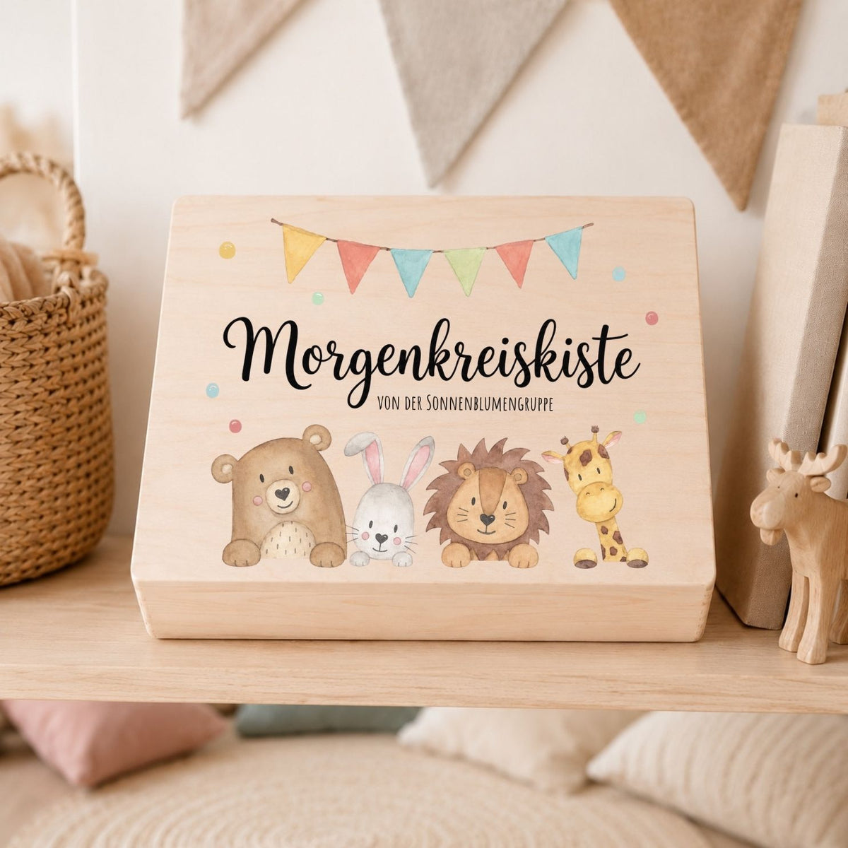Morgenkreiskiste mit Wunschname – Tiere Aquarell