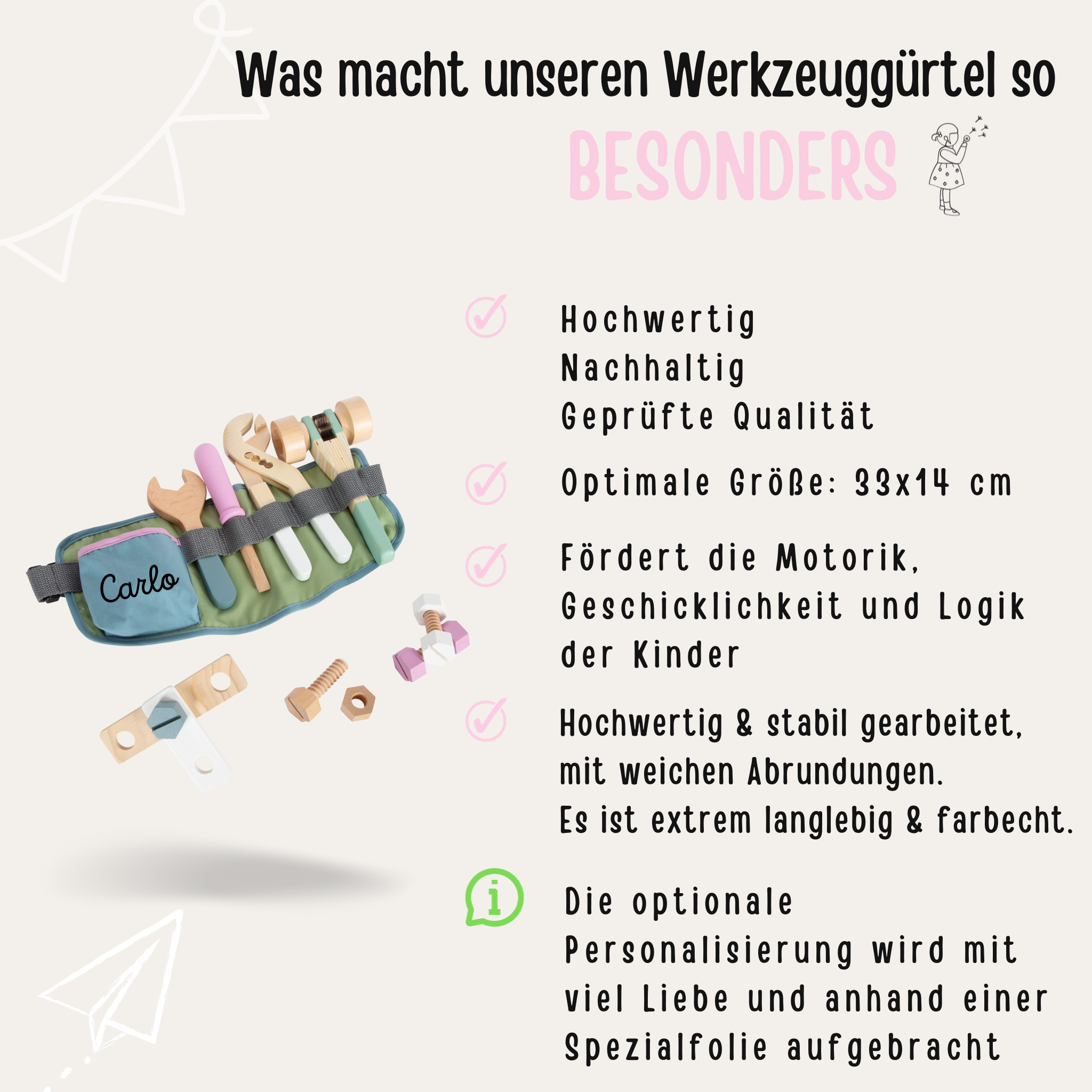 Werkzeuggürtel "Grün, Rosa, Blau" 15-teilig