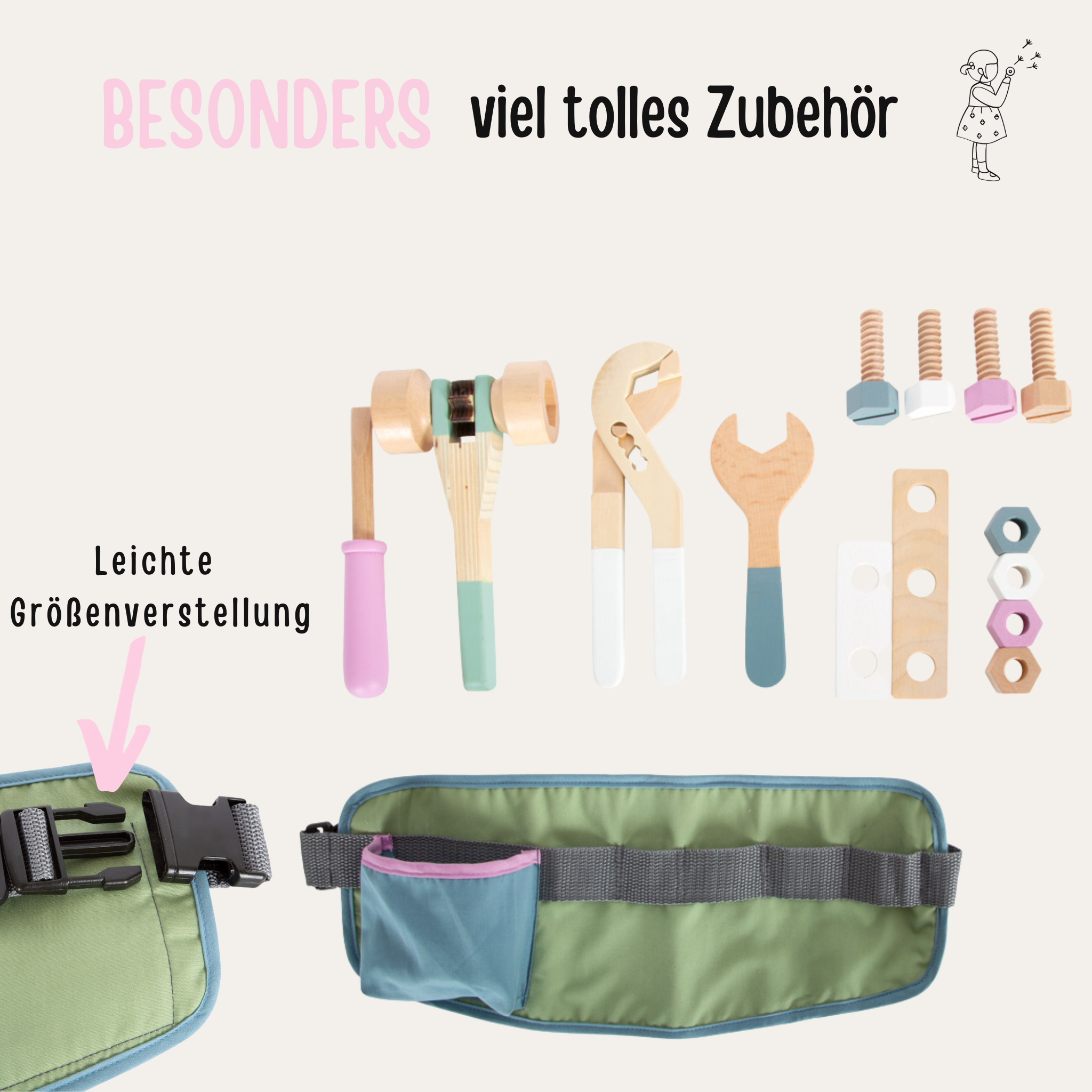 Werkzeuggürtel "Grün, Rosa, Blau" 15-teilig
