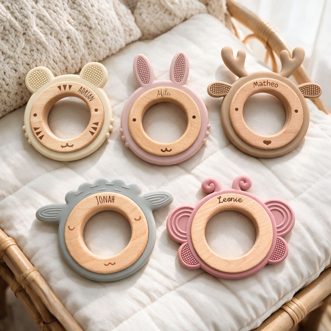 Beißring aus Holz & Silikon personalisiert - Tier