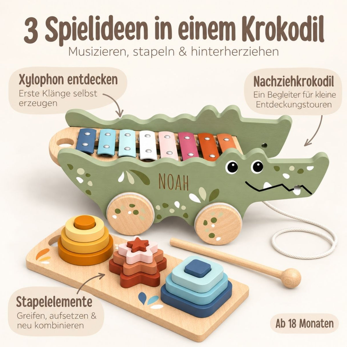 SPEEDY MONEKY 3in1 Nachziehtier Krokodil personalisiert