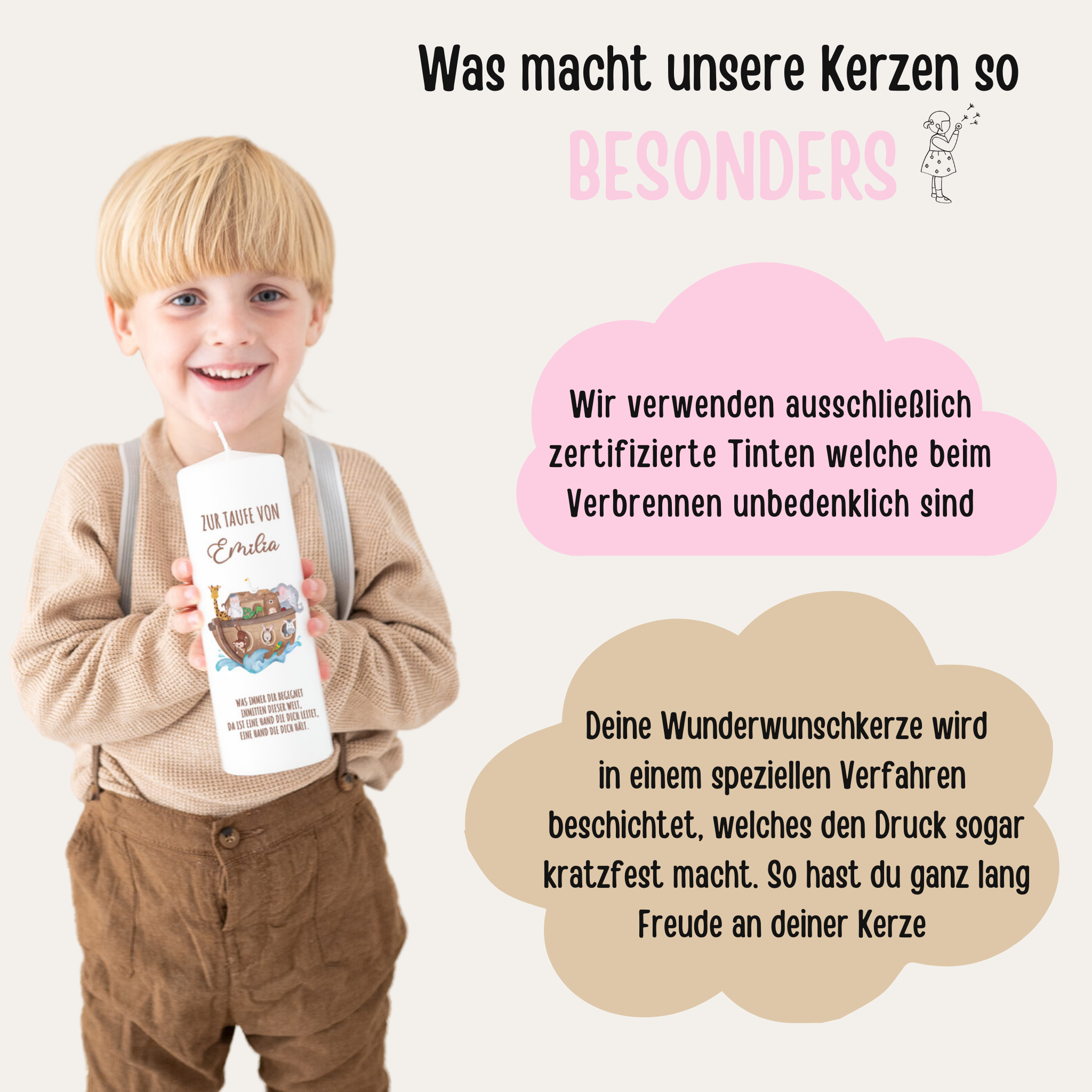 Taufkerze personalisiert - Arche Noah Tiere