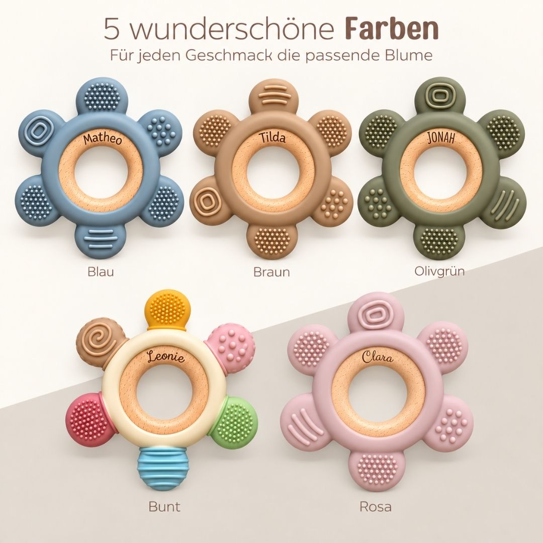 Beißring aus Holz & Silikon personalisiert - Blume