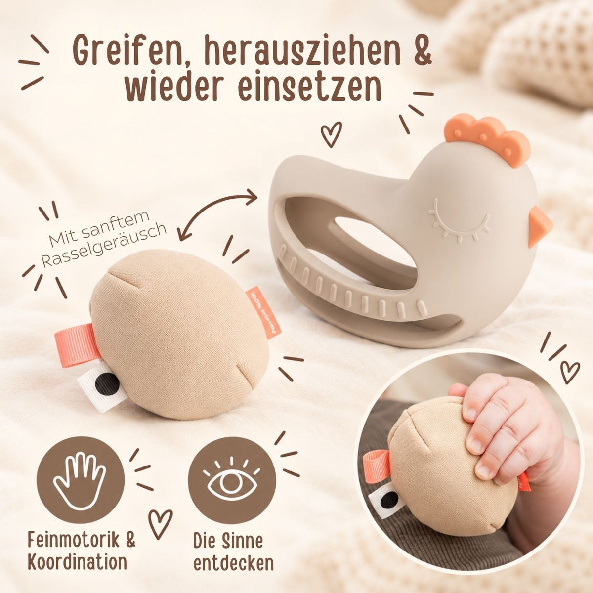 DONEBYDEER Greif- und Beißspielzeug mit Rassel - Clucky