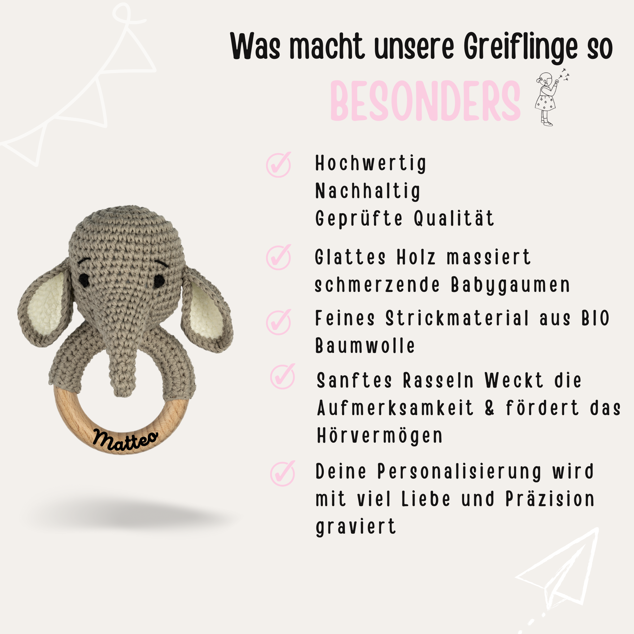Babyrassel personalisiert - Esel, Marienkäfer, Reh, Löwe, Elefant