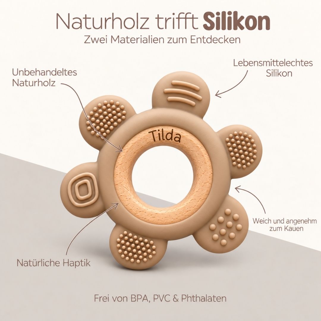 Beißring aus Holz & Silikon personalisiert - Blume