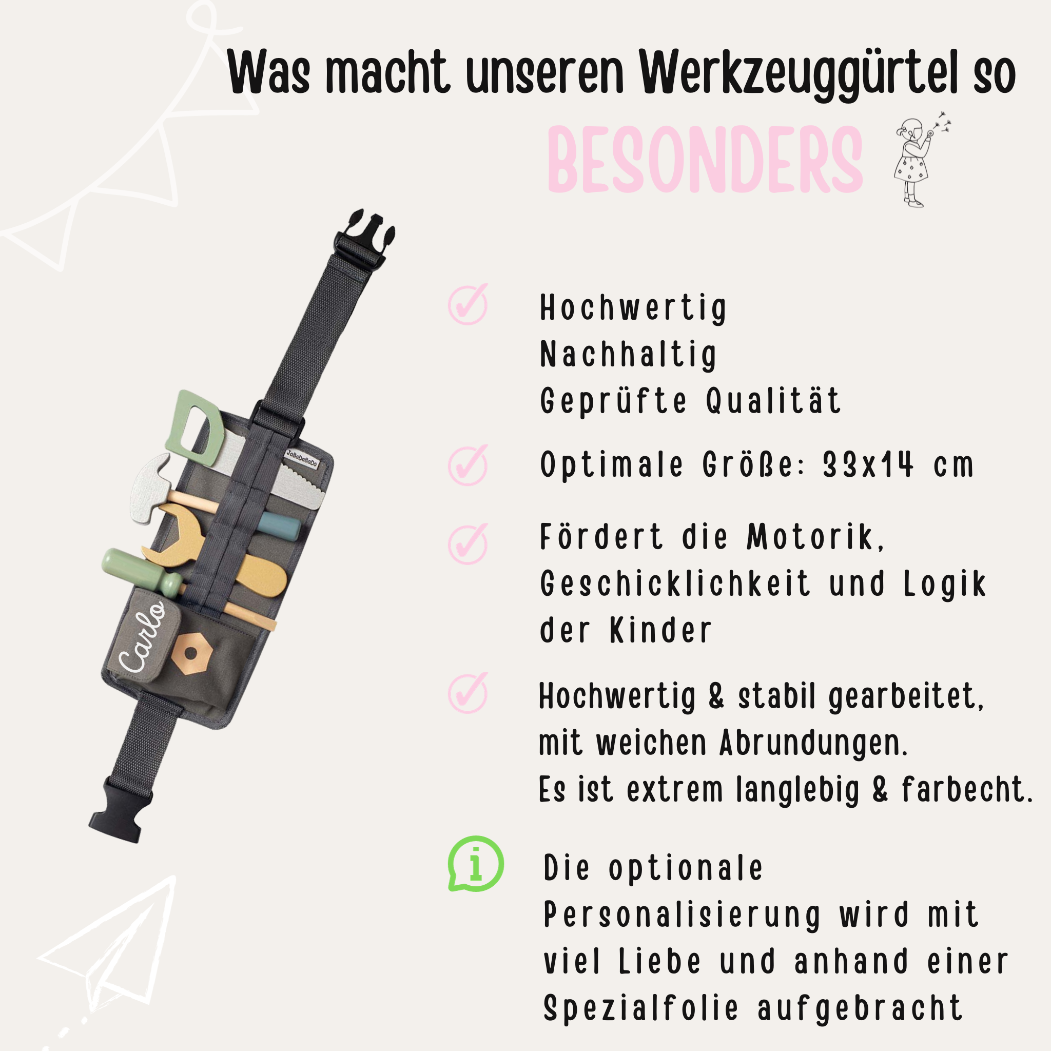 Werkzeuggürtel mit Zubehör aus Holz "Grau, Blau, Grün"
