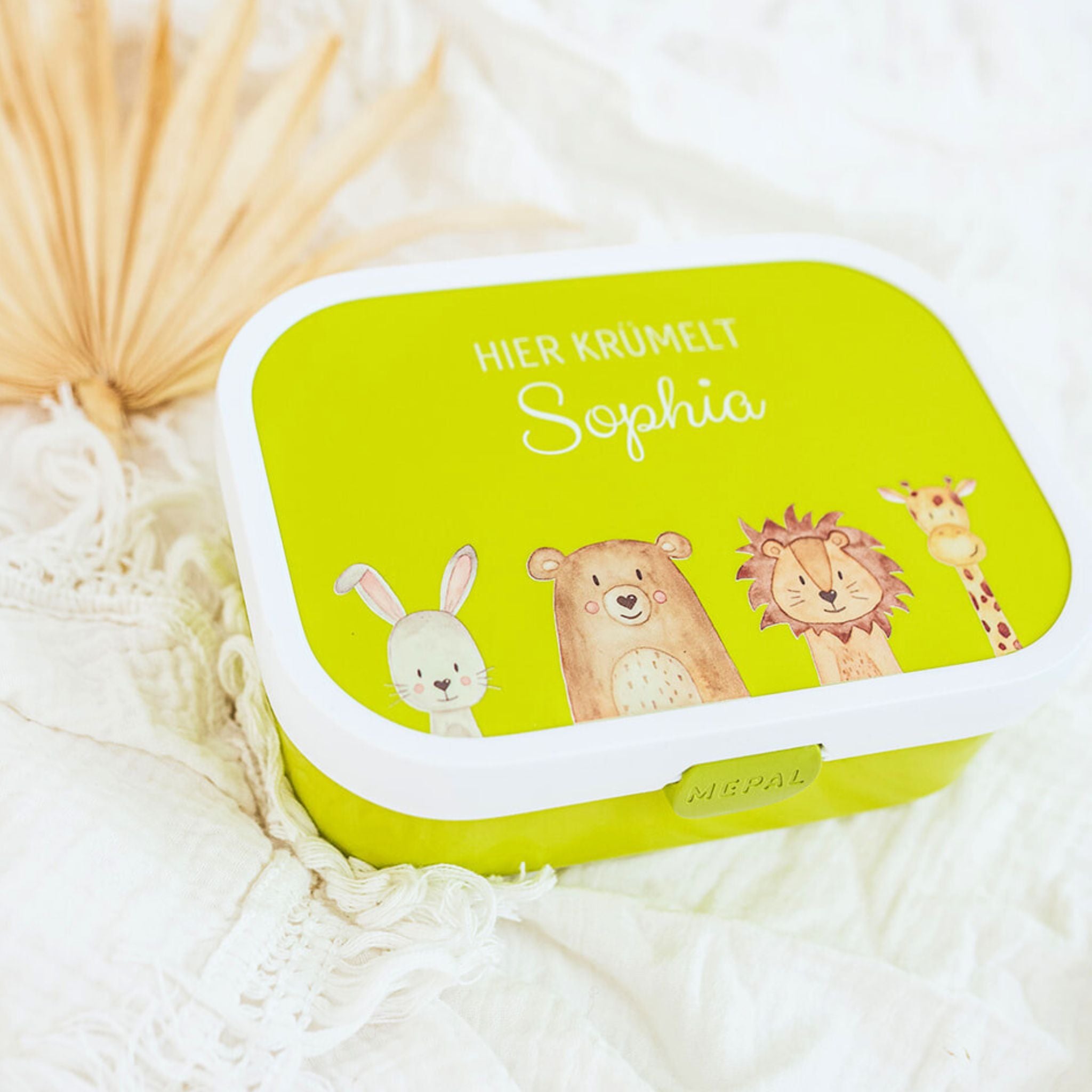 MEPAL Brotdose gelb personalisiert mit Bento Einsatz - Tiere unten Aquarell
