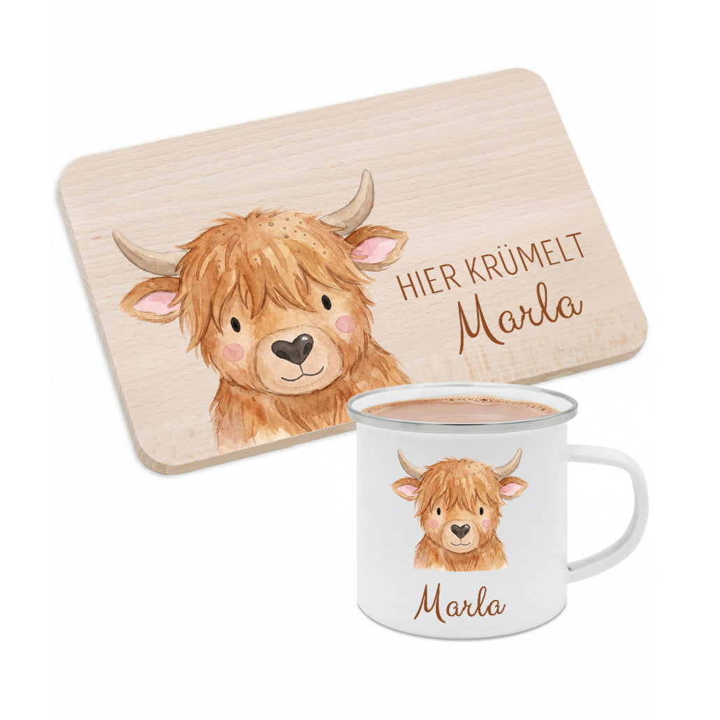 Frühstücks Bundle - Frühstücksbrettchen + Emaille Tasse personalisiert - Tier Aquarell
