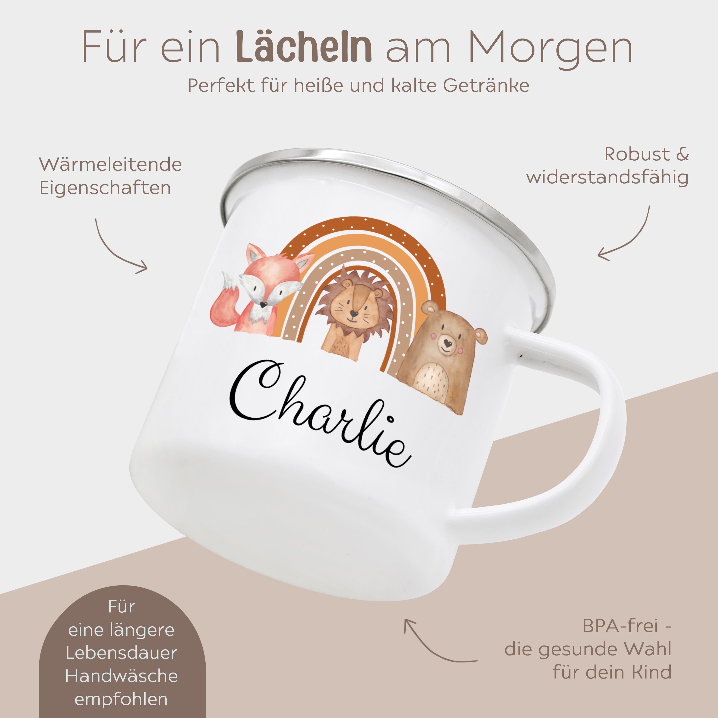 Emaille Kindertasse personalisiert - Fuchs, Löwe, Bär Regenbogen Aquarell