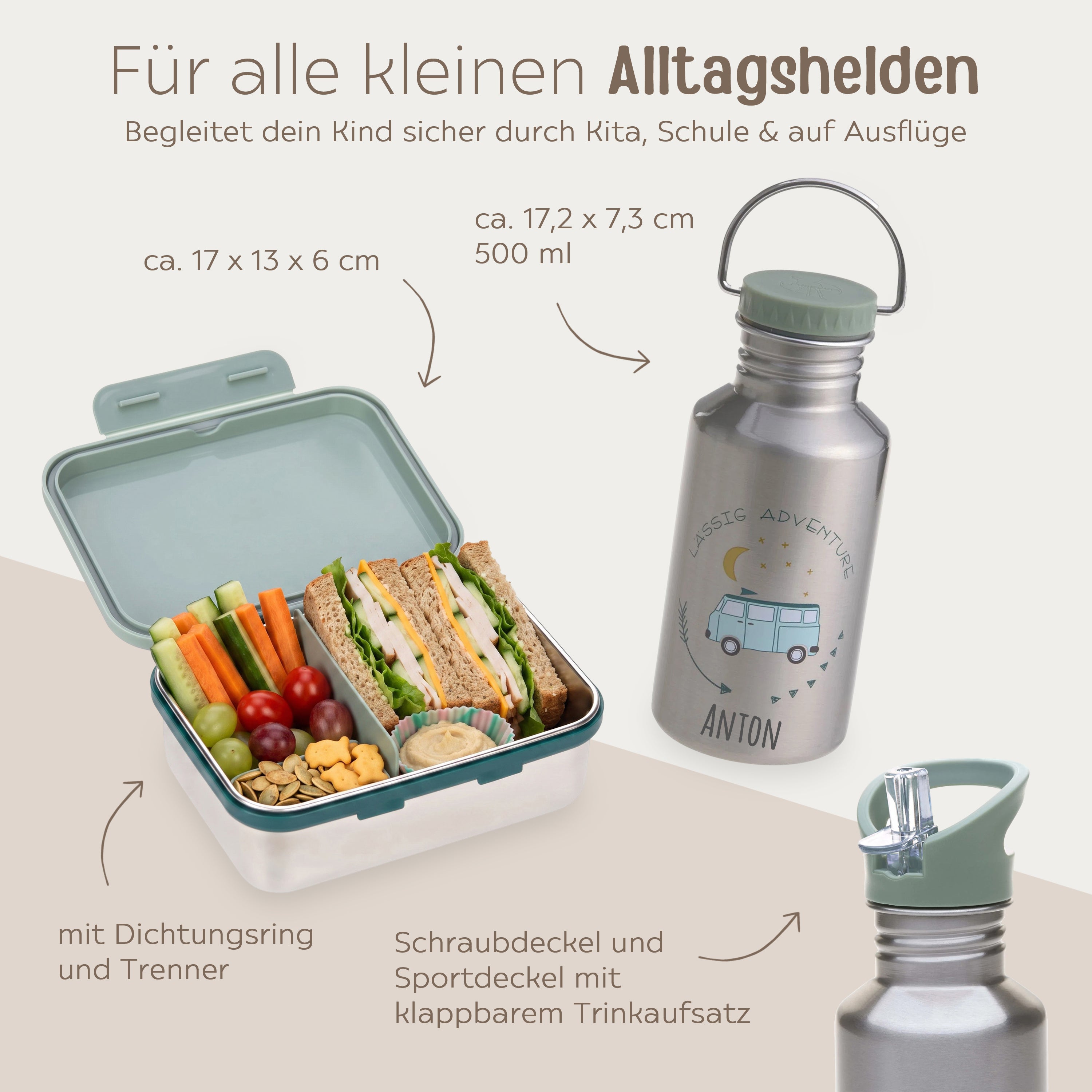 LÄSSIG Lunch-Set - Brotdose & Trinkflasche - Bus grün