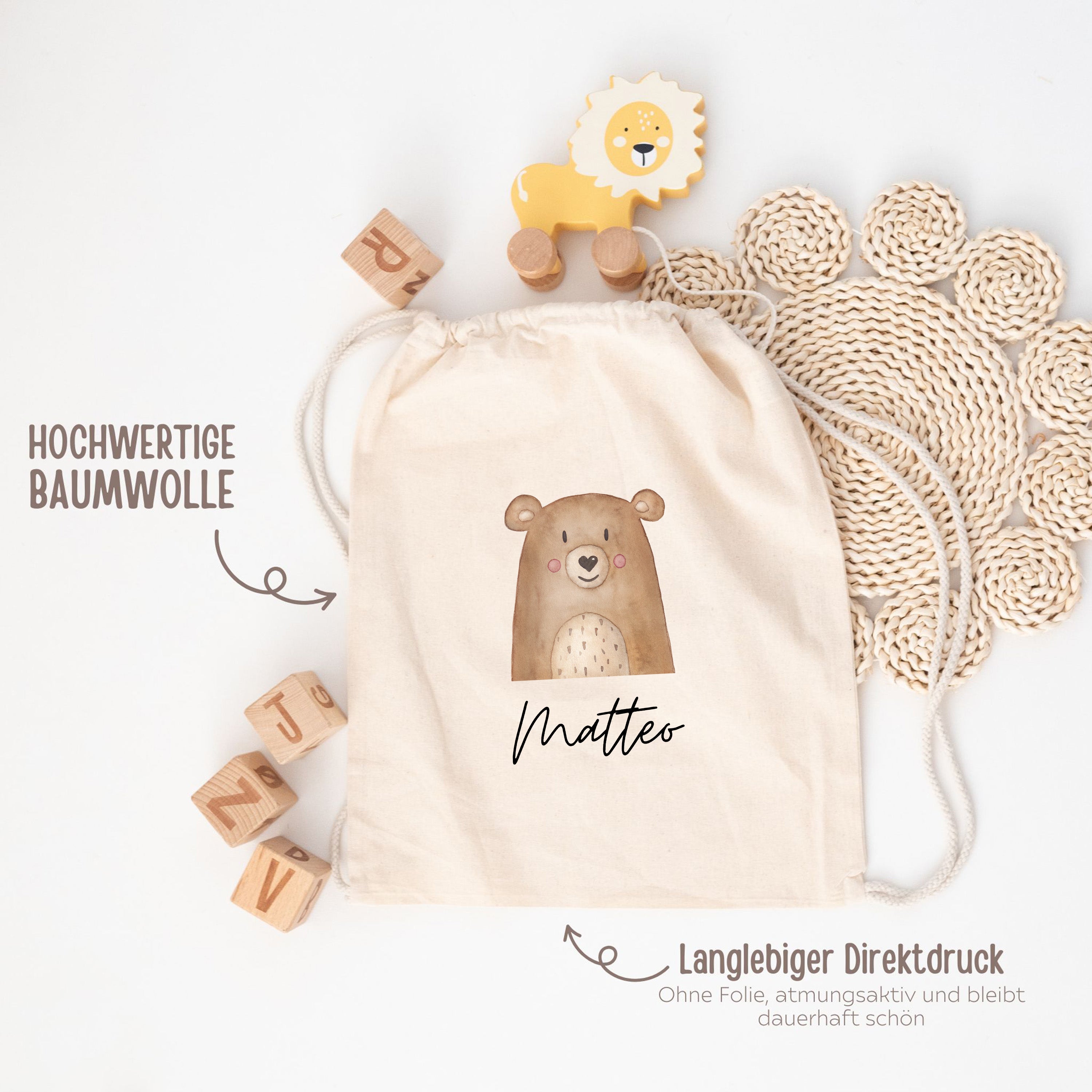 Schul-Start Bundle - Turnbeutel, Brotdose + Kinder Trinkflasche weiß personalisiert - Tier Aquarell