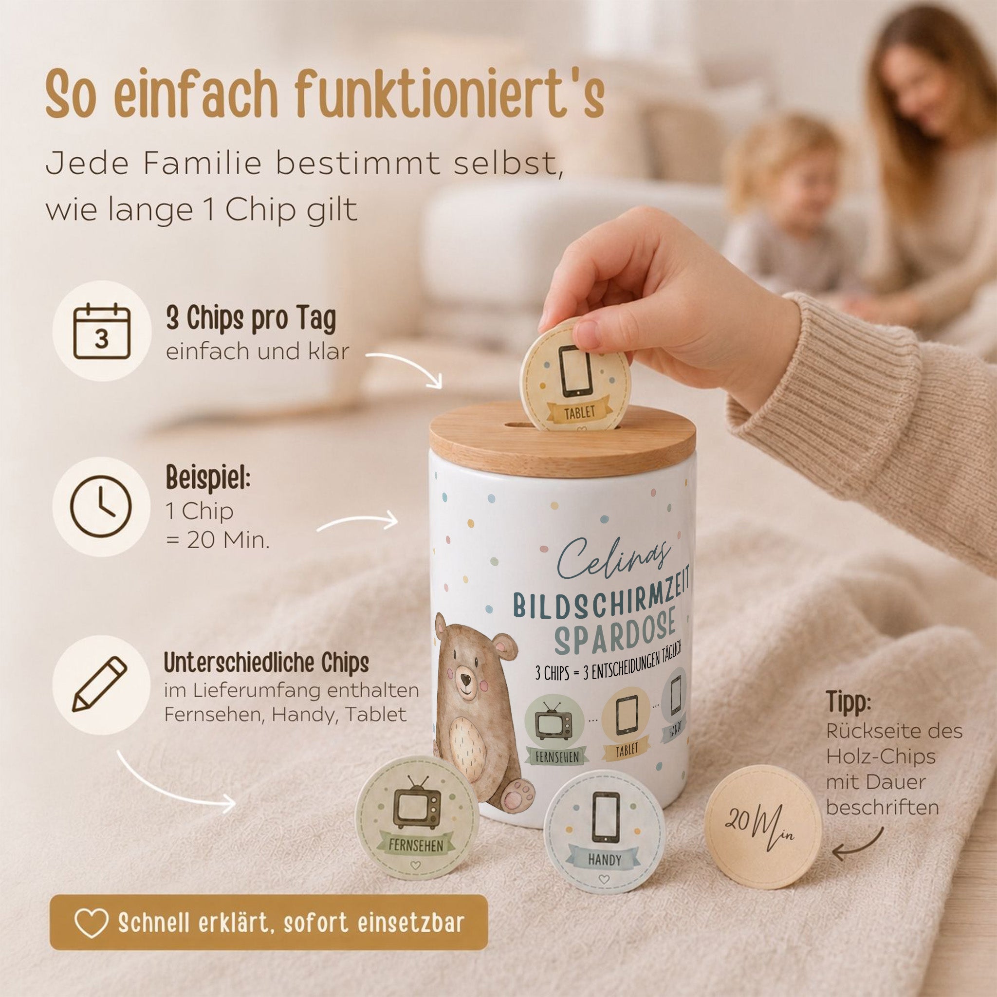 Bildschirmzeit Keramik Spardose inkl. Chips personalisiert