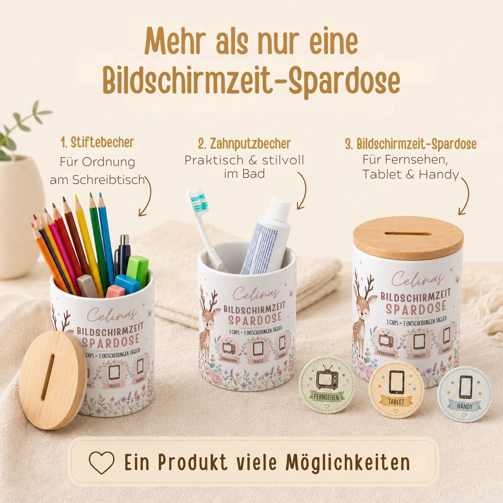 Bildschirmzeit Keramik Spardose inkl. Chips personalisiert