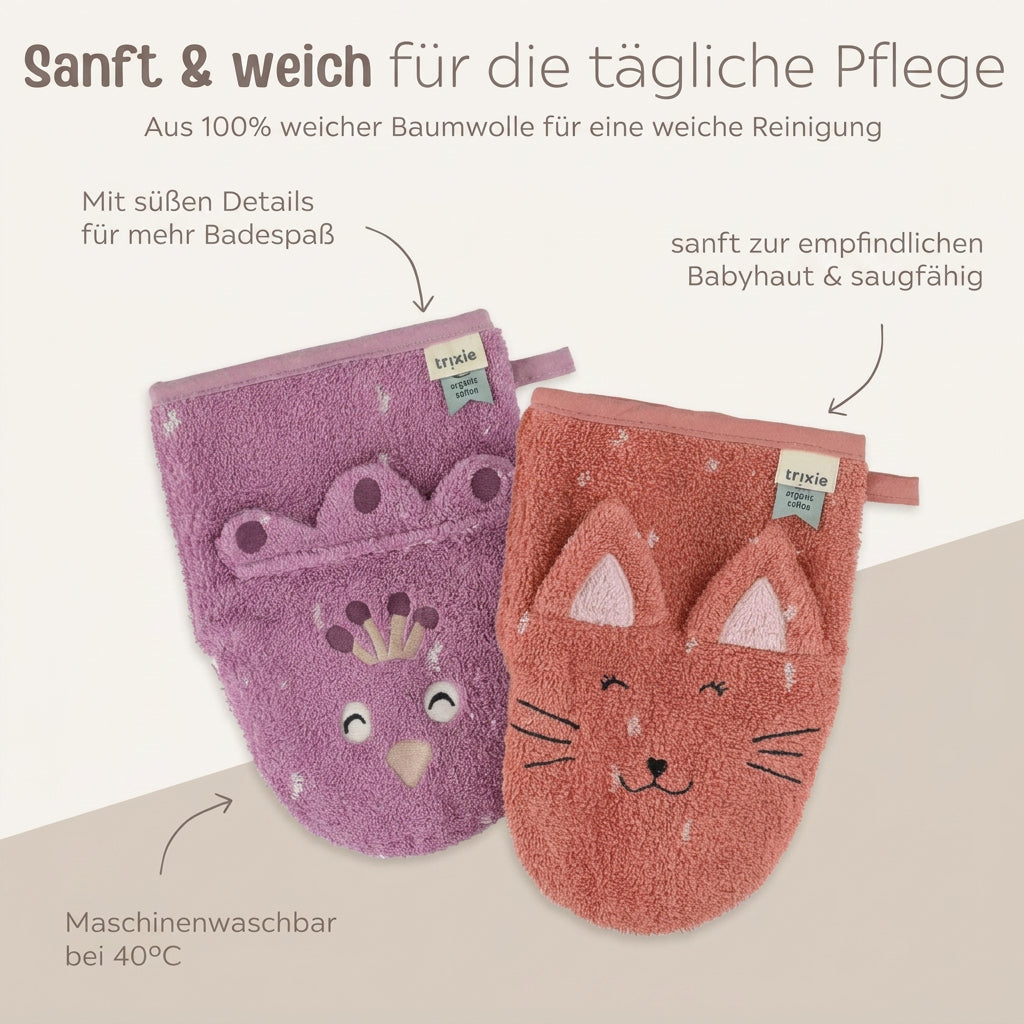 TRIXIE Baby Waschhandschuh 2er Set Katze & Pfau