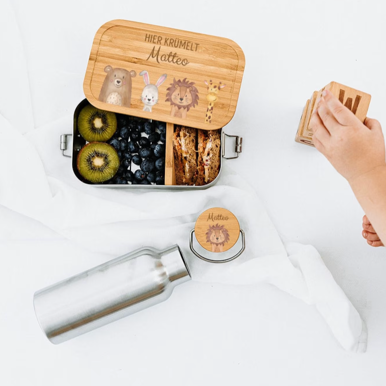 SET Brotdose + Trinkflasche Edelstahl personalisiert - Tiere unten Aquarell