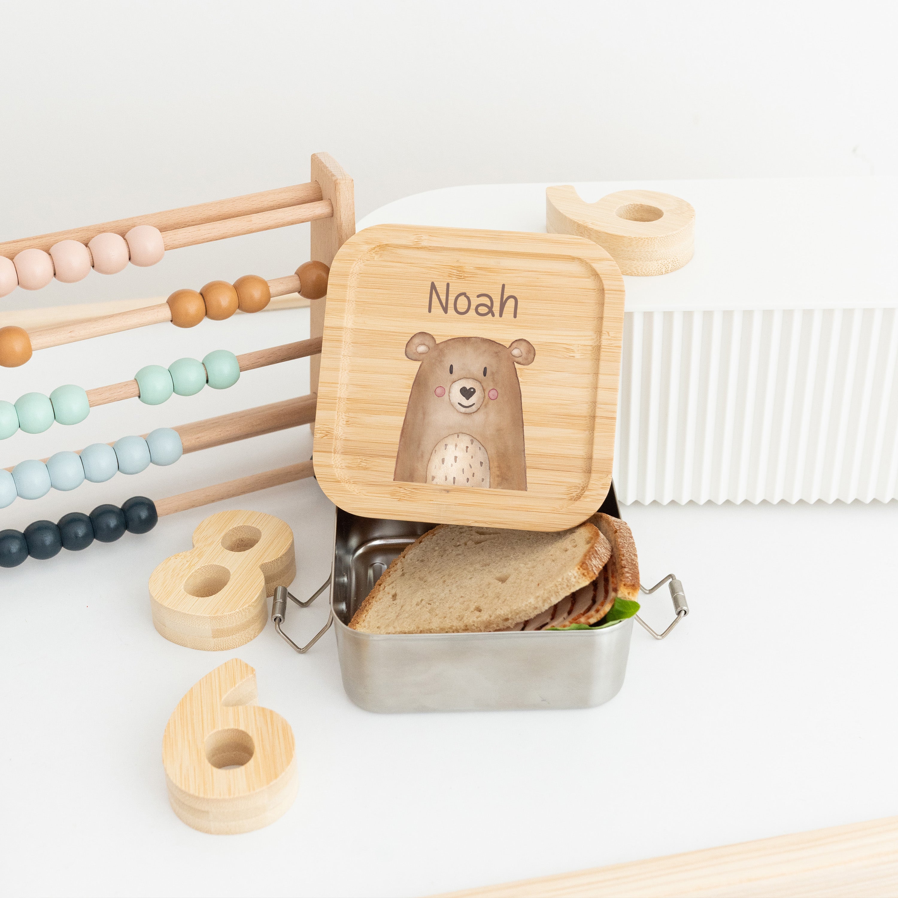 Sandwichbox Quadratische Brotdose Edelstahl personalisiert - Tier Aquarell