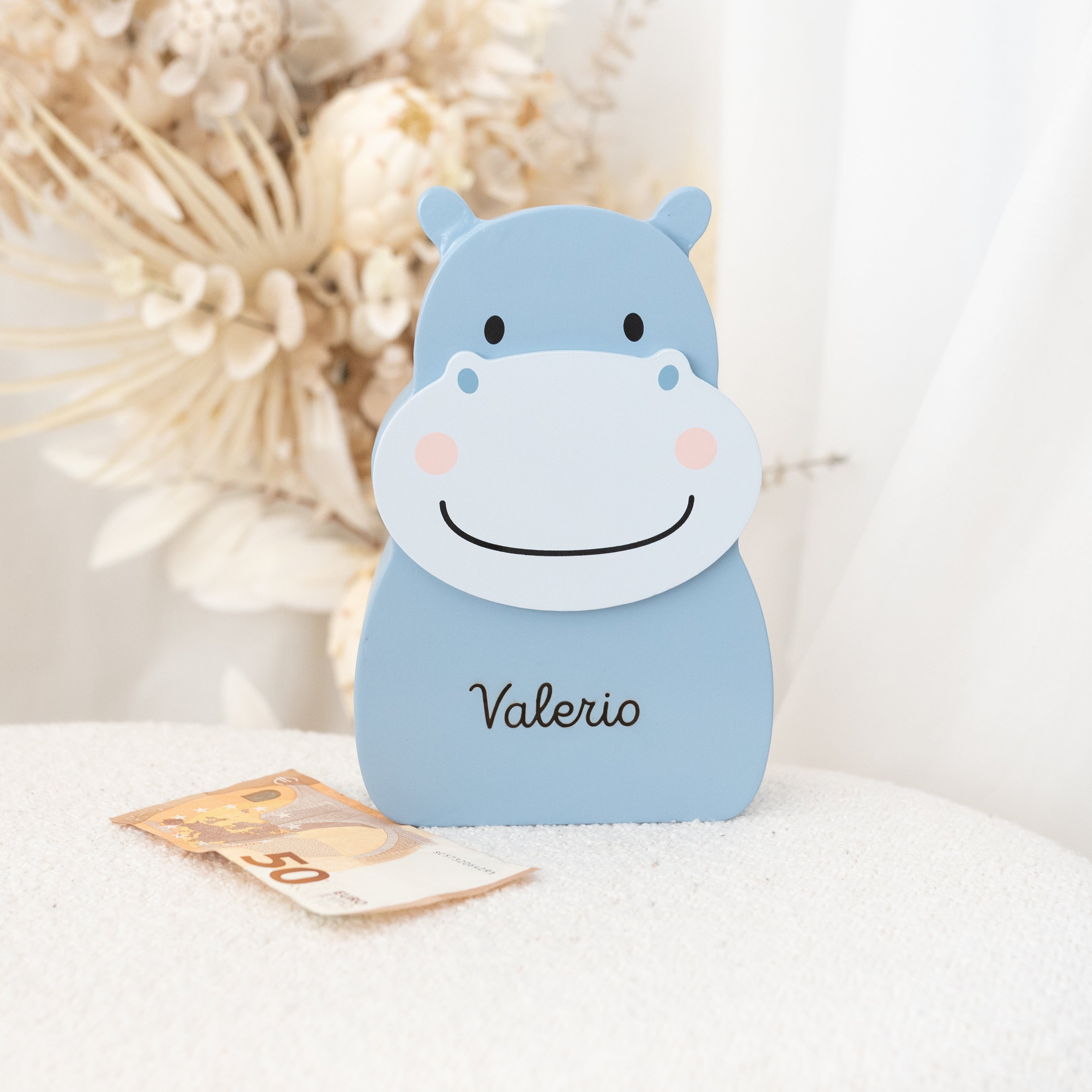 BAMBINO Spardose Holz mit Wunschnamen - Nilpferd