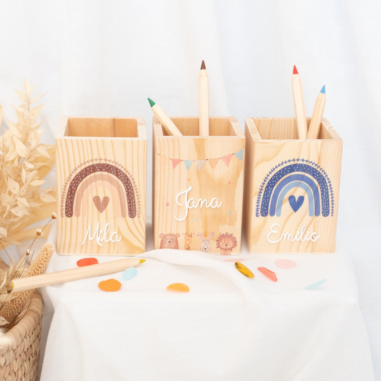 Stiftehalter Holz personalisiert - Regenbogen oder Tiere Aquarell