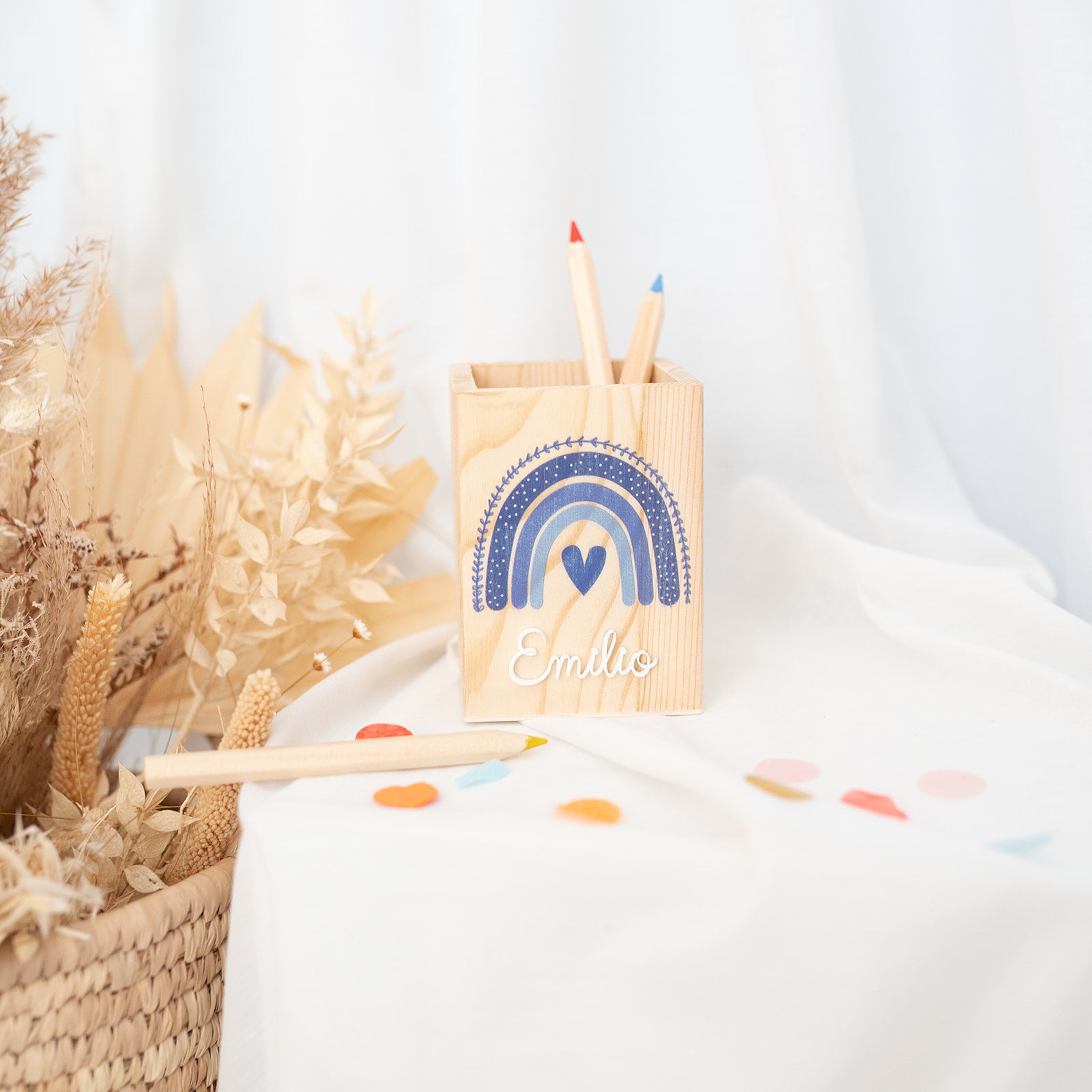 Stiftehalter Holz personalisiert - Regenbogen oder Tiere Aquarell