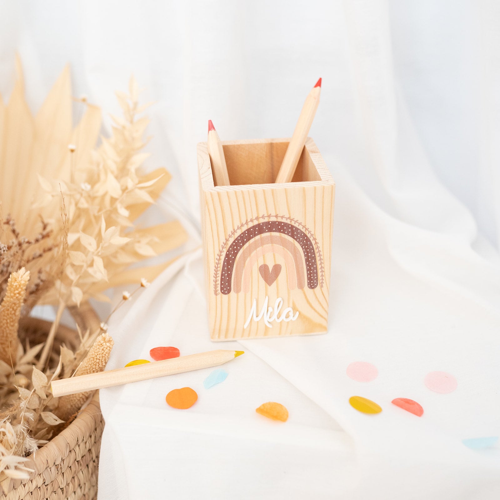 Stiftehalter Holz personalisiert - Regenbogen oder Tiere Aquarell