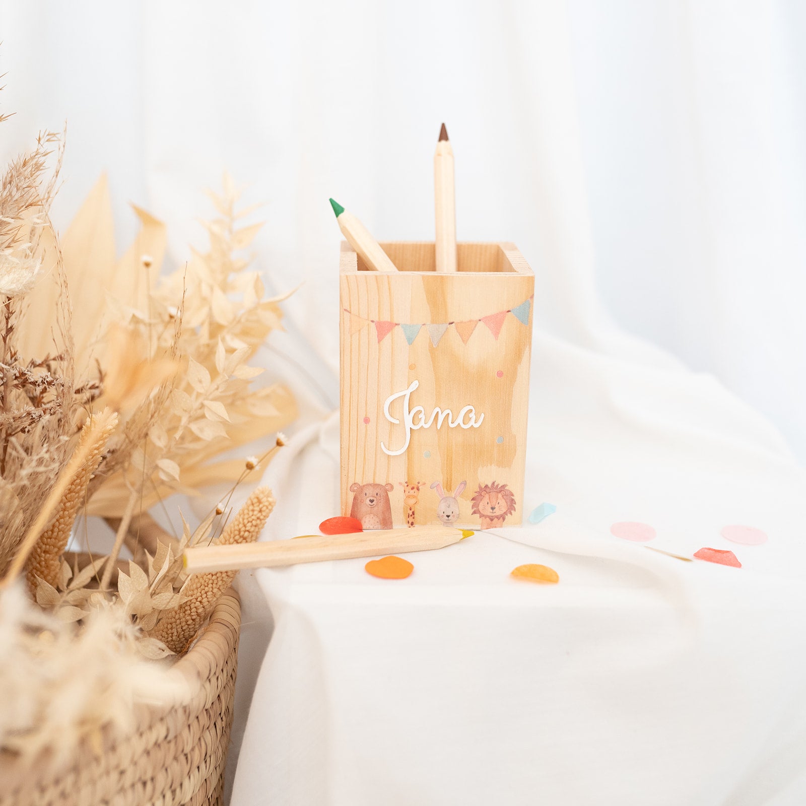 Stiftehalter Holz personalisiert - Regenbogen oder Tiere Aquarell