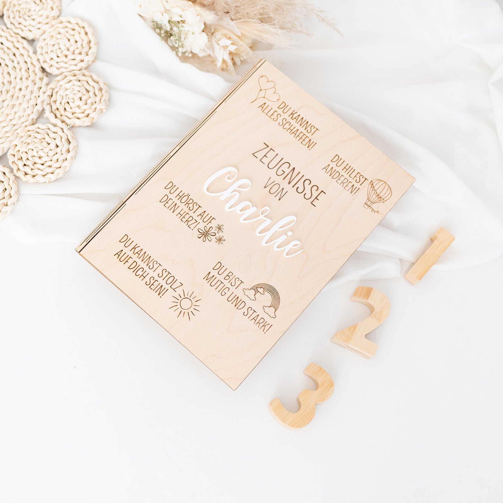 Zeugnismappe Holz personalisiert - Affirmationen Gravur