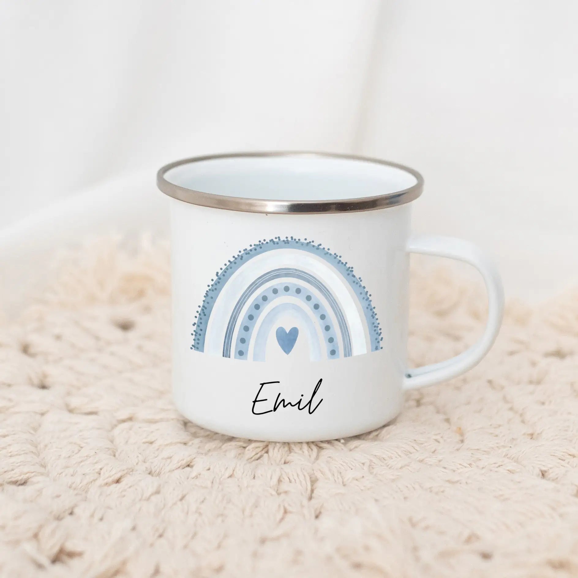 Emaille Kindertasse personalisiert - Regenbogen Punkte Aquarell Tasse - wunderwunsch