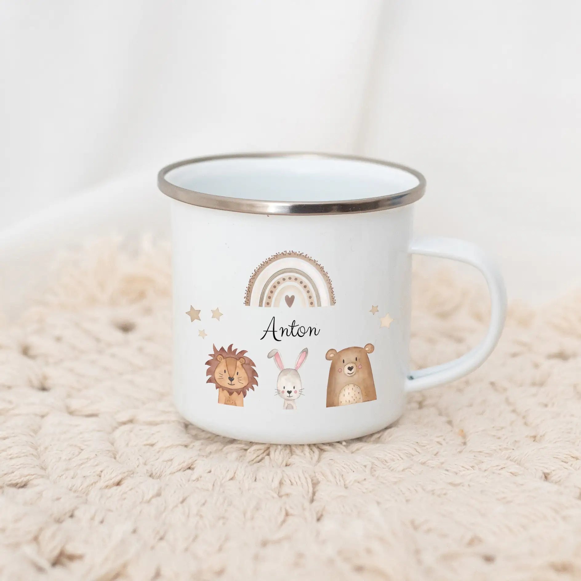 Emaille Kindertasse personalisiert - Tiere Trio Regenbogen Sterne Tasse - wunderwunsch