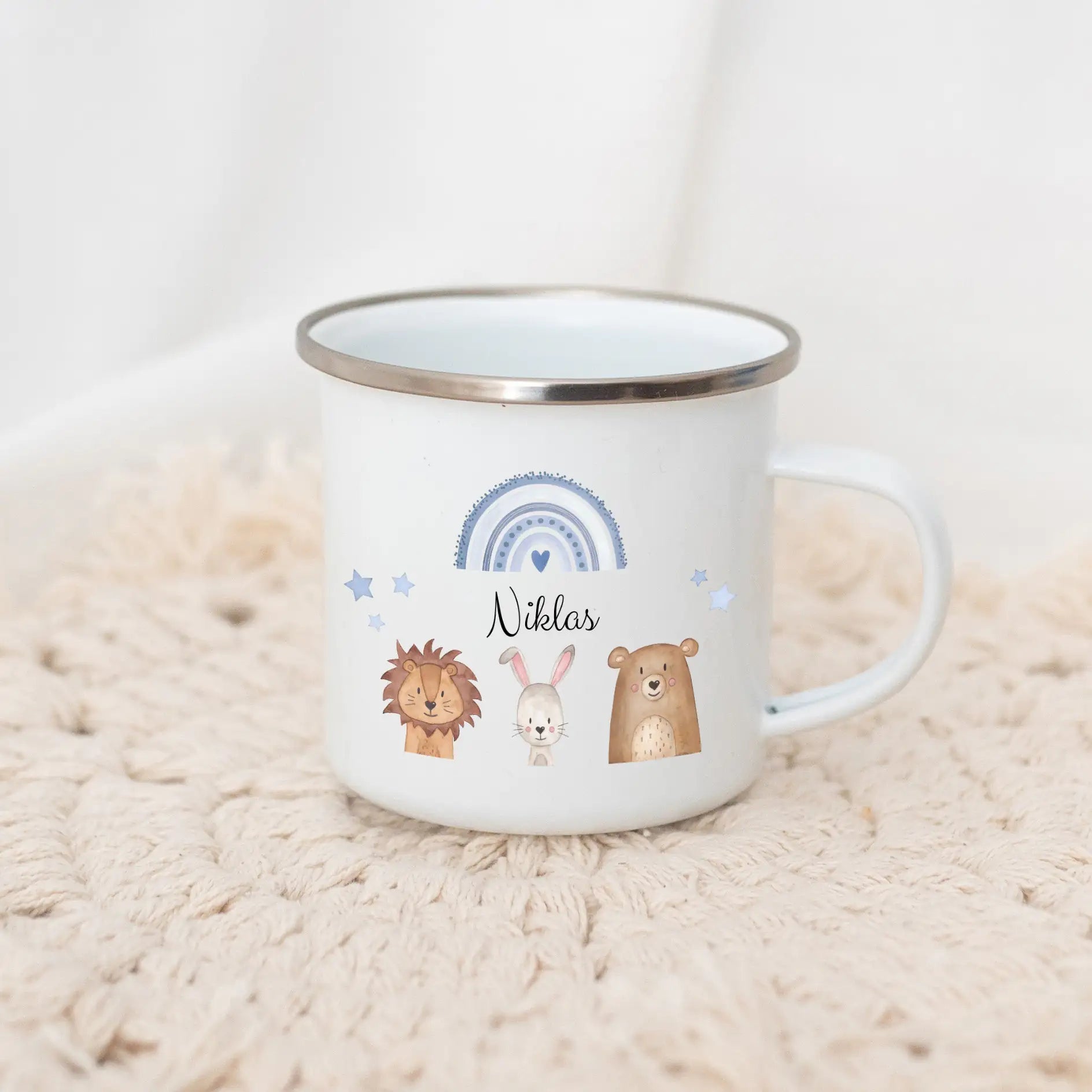 Emaille Kindertasse personalisiert - Tiere Trio Regenbogen Sterne Tasse - wunderwunsch