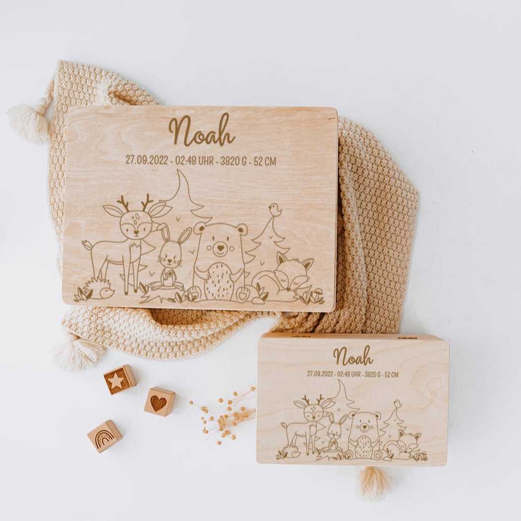 Erinnerungsbox Baby personalisiert - Tierfamilie Wald Gravur